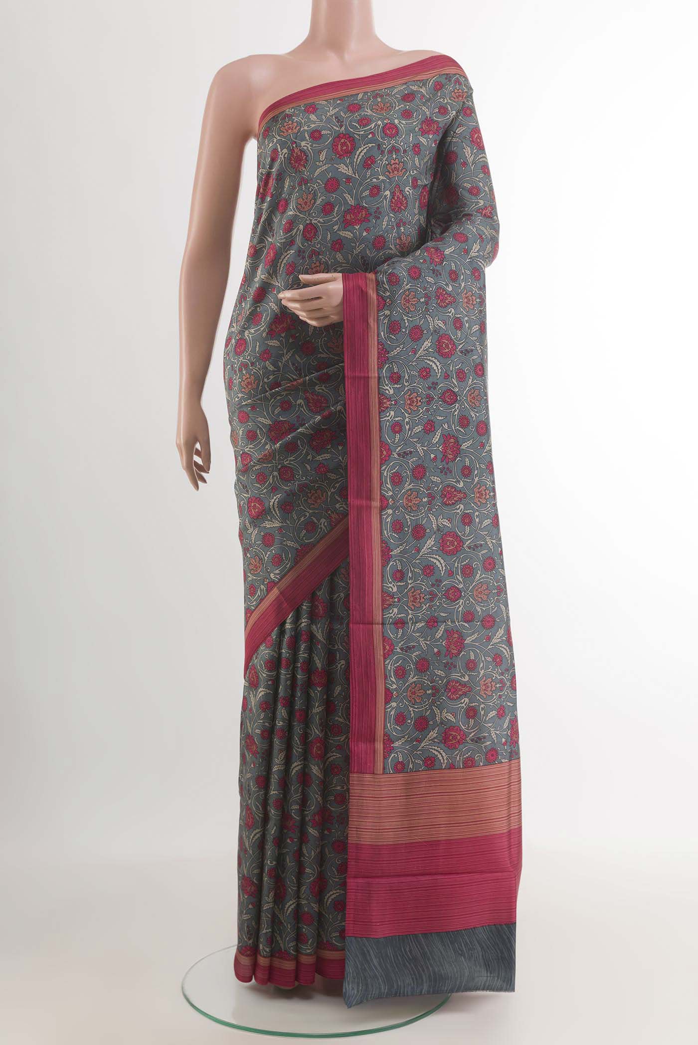 Grey Printed Silk Saree