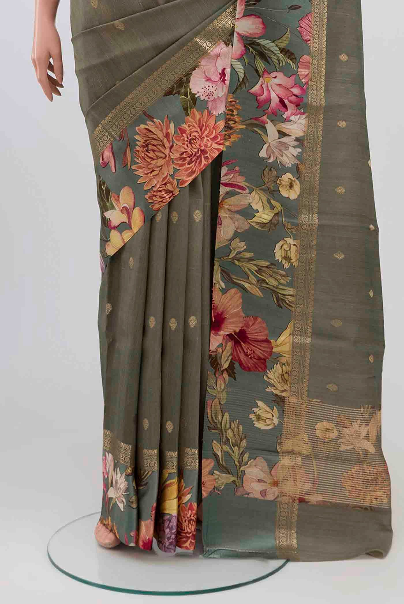 Grey Tussar Silk Saree - Image 3