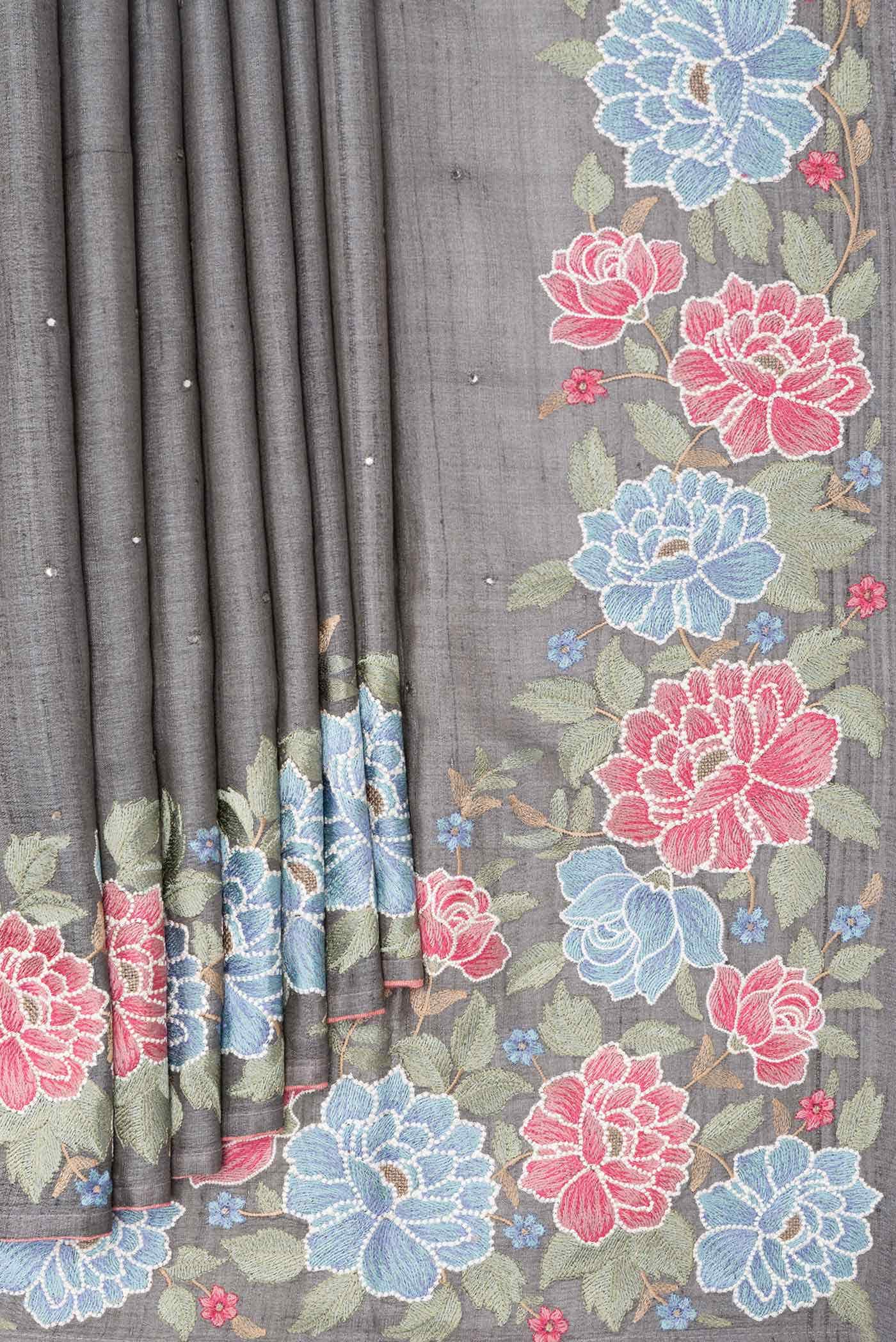 Grey Tussar Silk Saree - Image 2