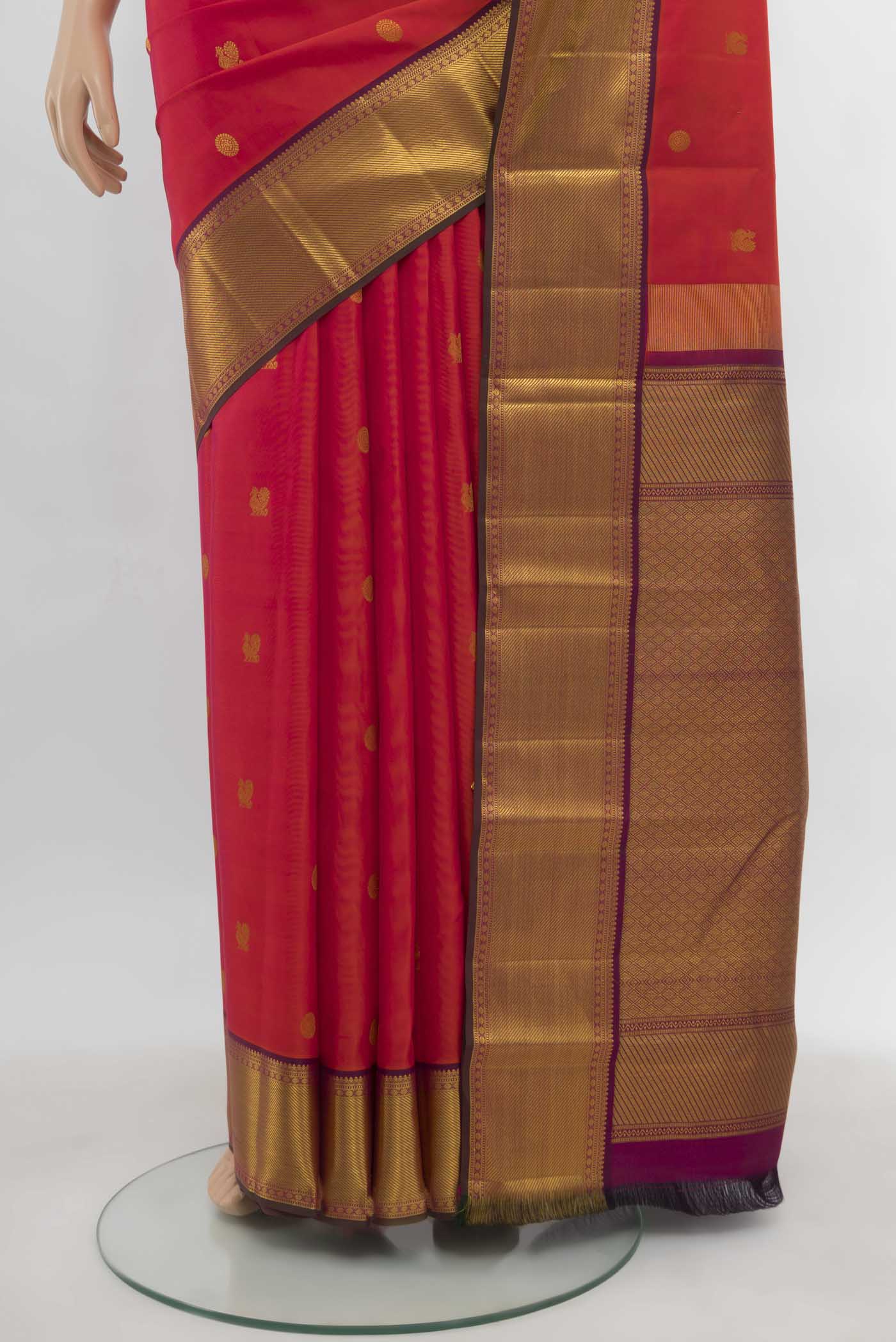 Pink with Orange Color Kanchipuram Silk Saree - Image 3