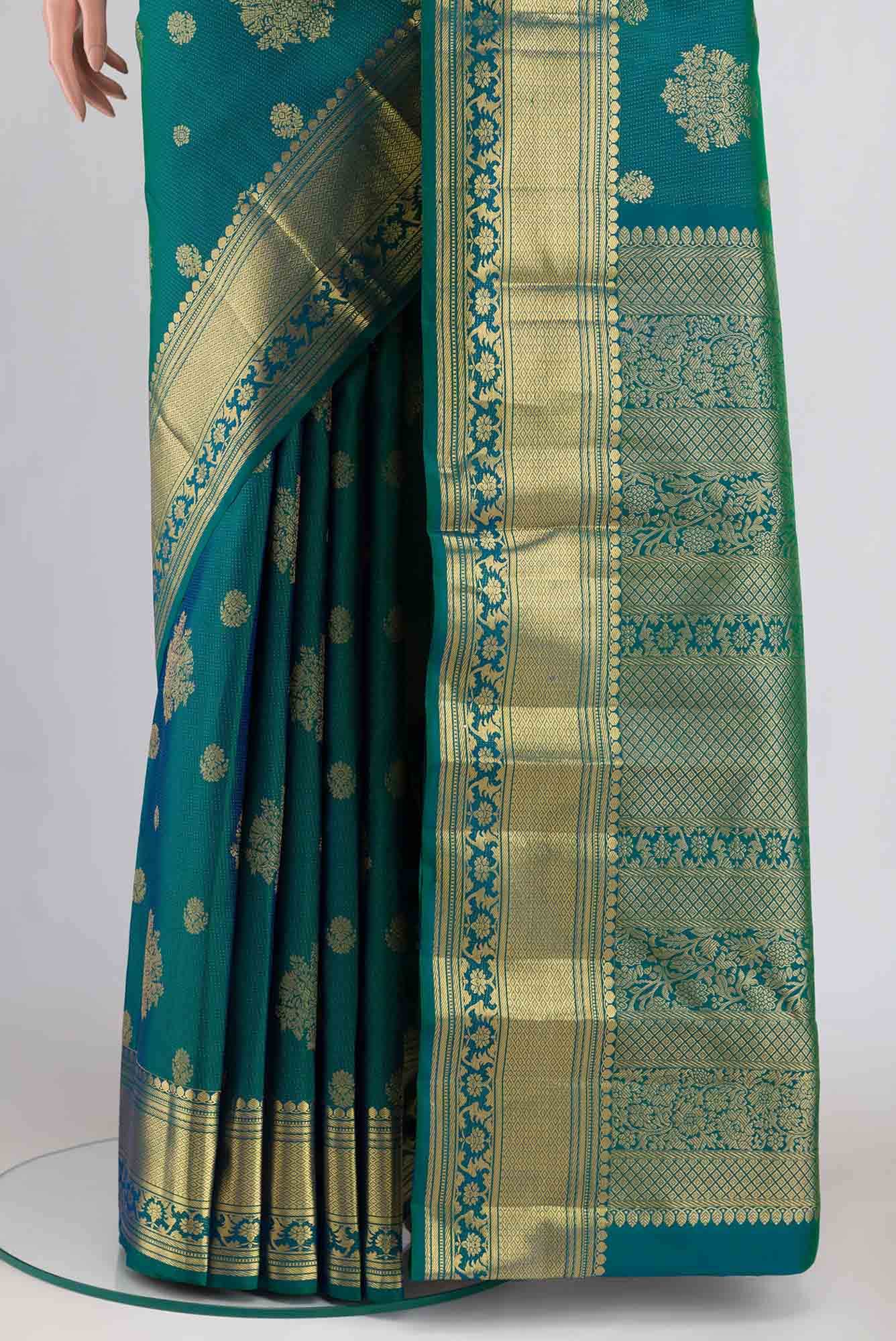 Kavini-Blue with Green Dual Tone Kanchipuram Silk Saree - Image 9