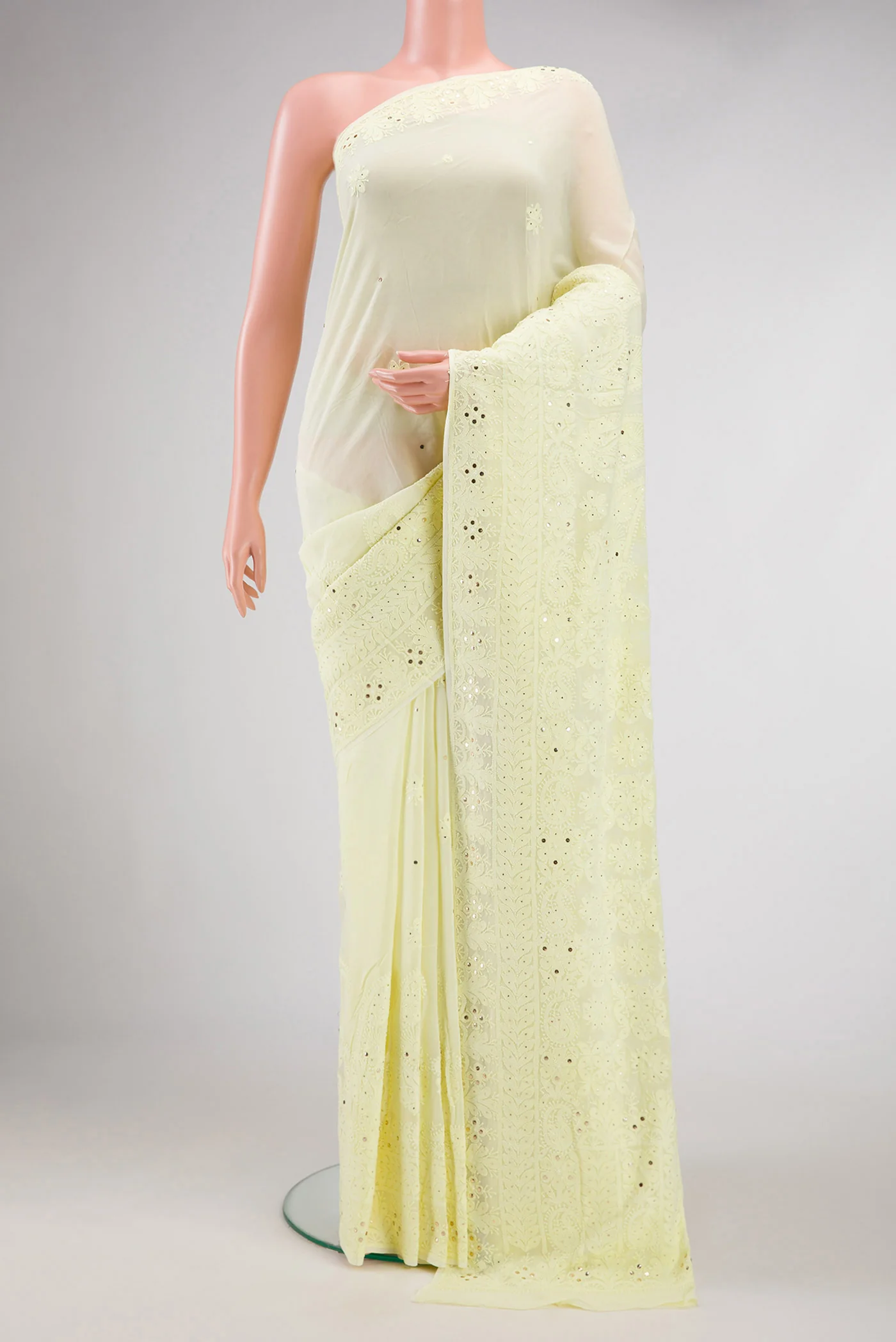 Lemon Yellow Chikankari Georgette Saree