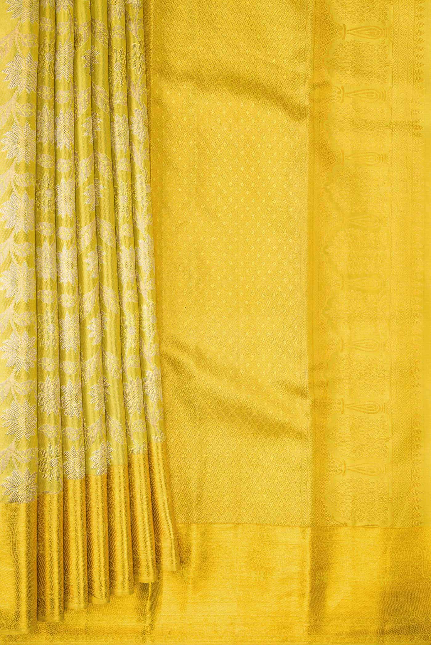 Lemon Yellow Dual Tone Kanchipuram Tissue Silk Saree - Image 4