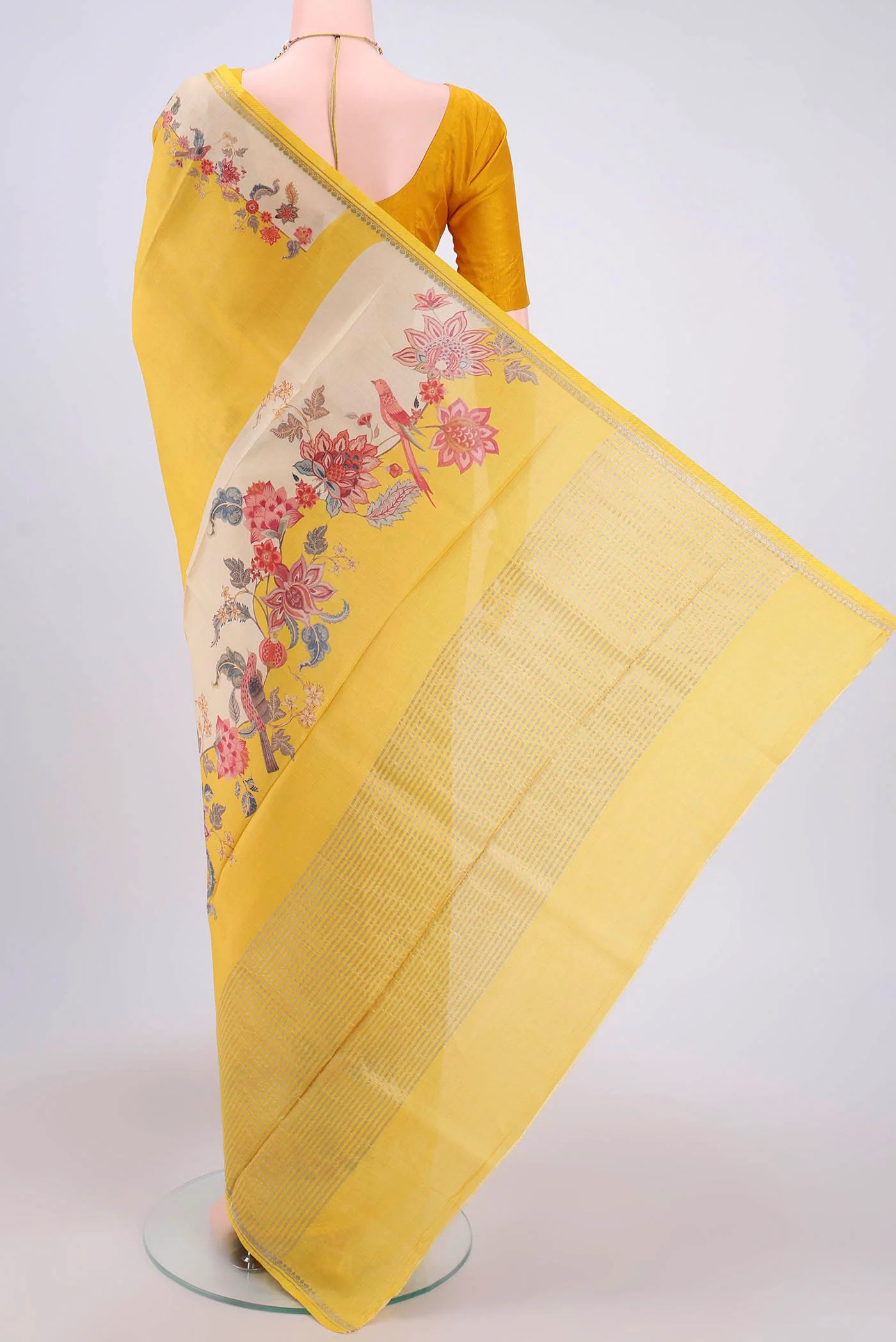 Lemon Yellow Tussar Silk Saree - Image 3