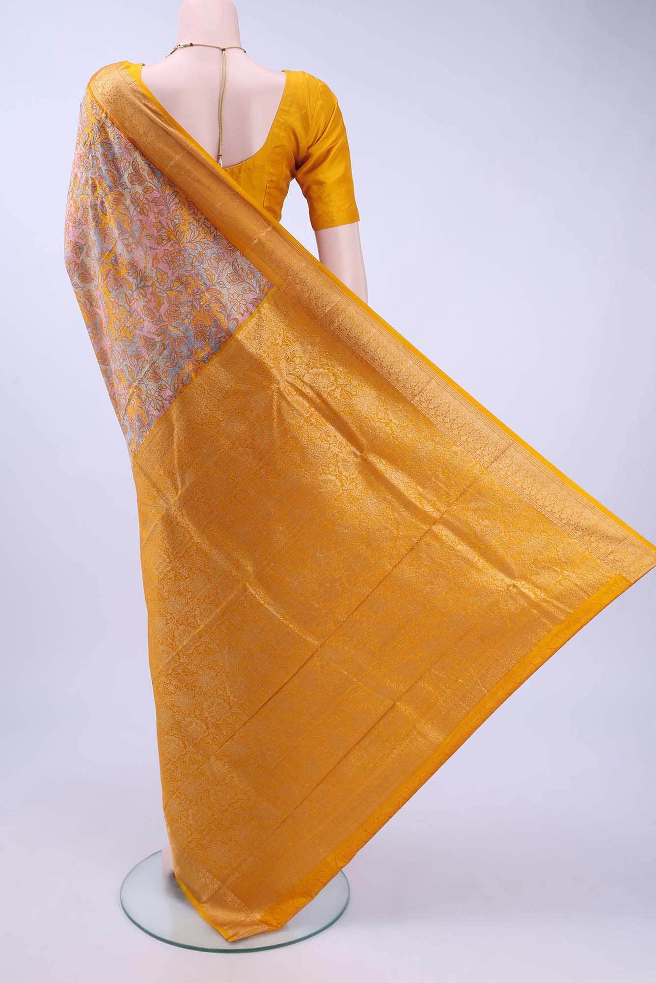 Lemon Yellow Printed Silk Saree - Image 3