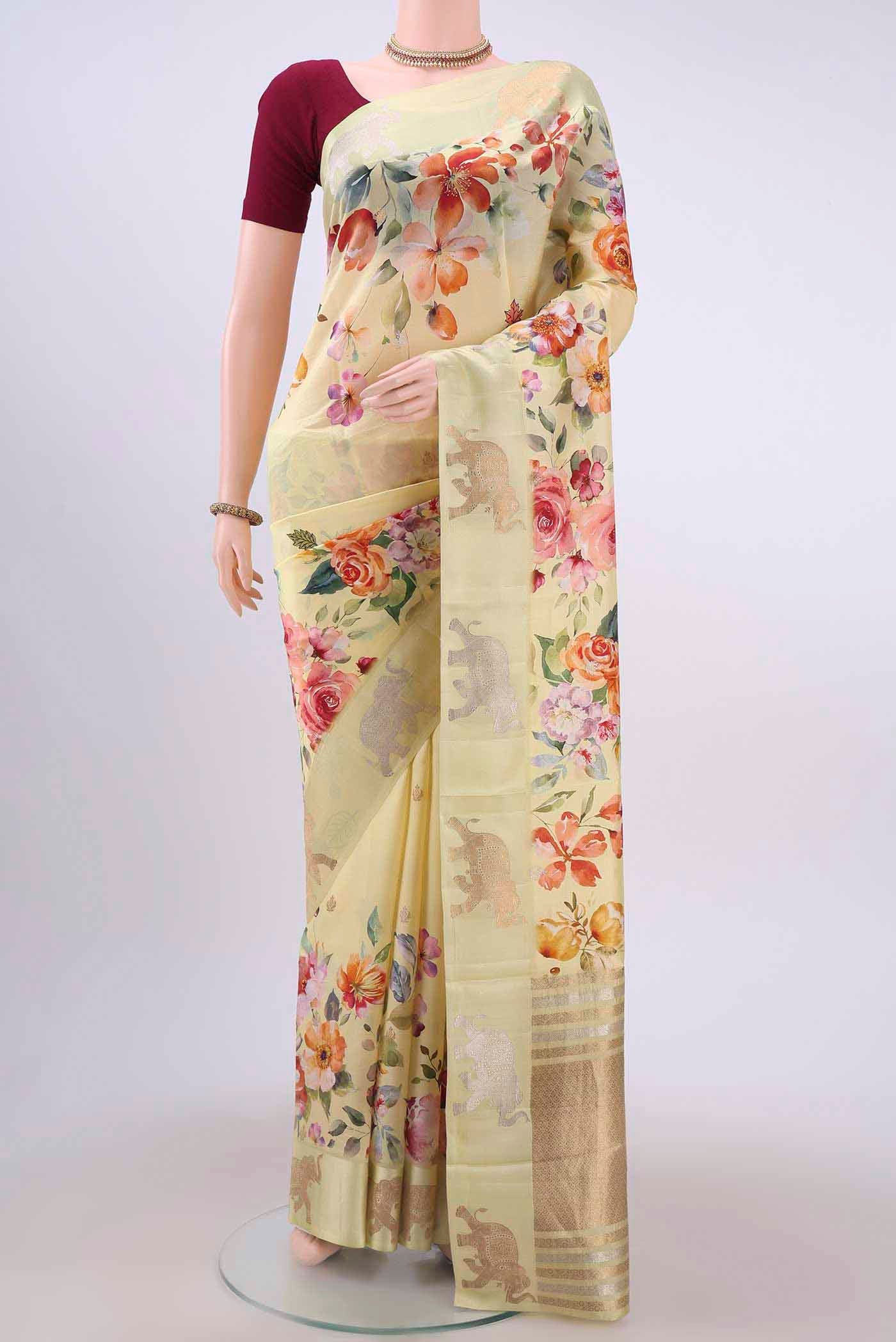 Lemon Yellow Tussar Silk Saree