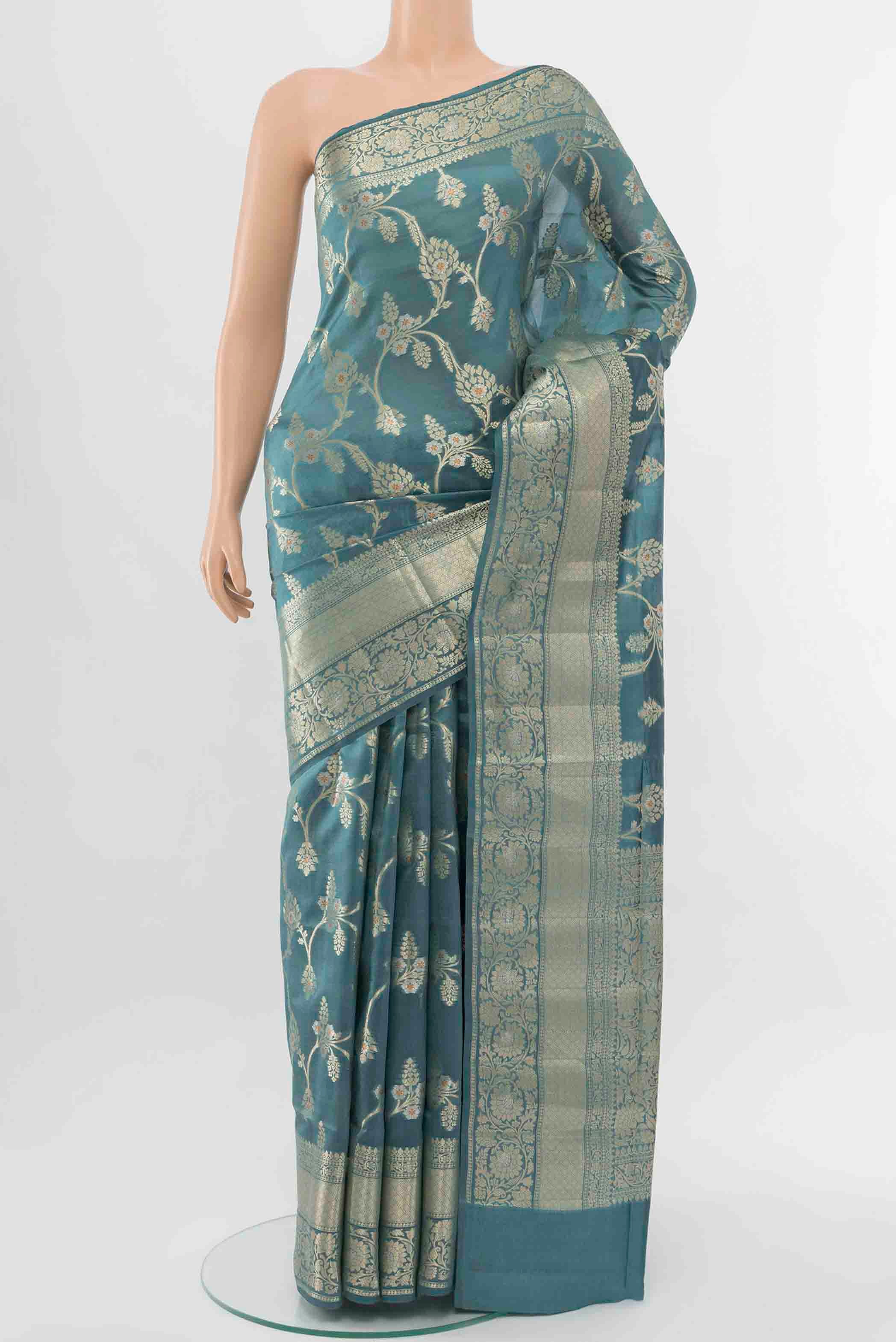 Blue Grey Banarasi Raw Silk Saree