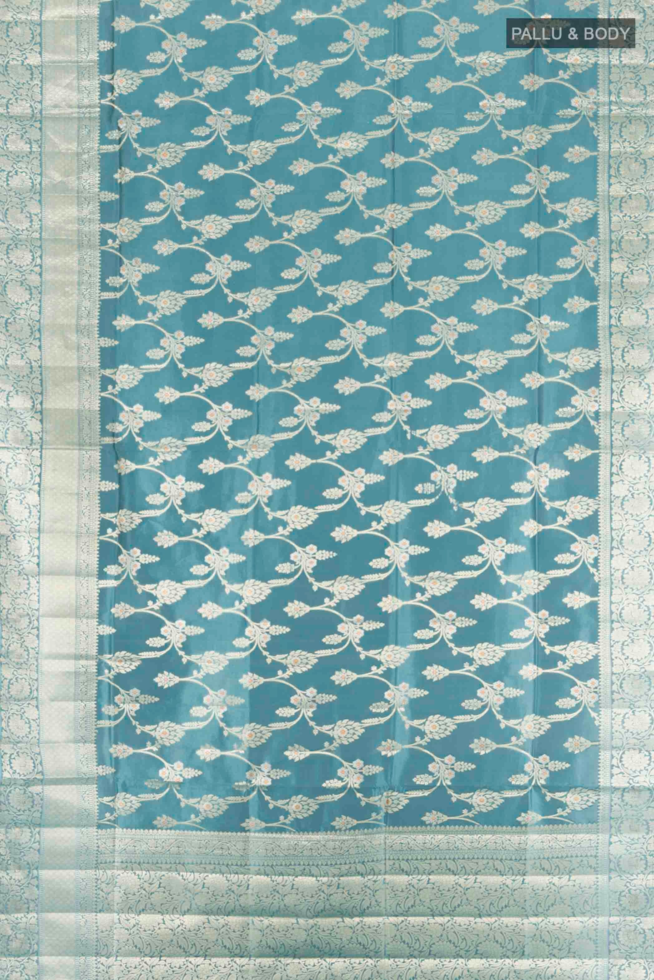 Blue Grey Banarasi Raw Silk Saree - Image 5