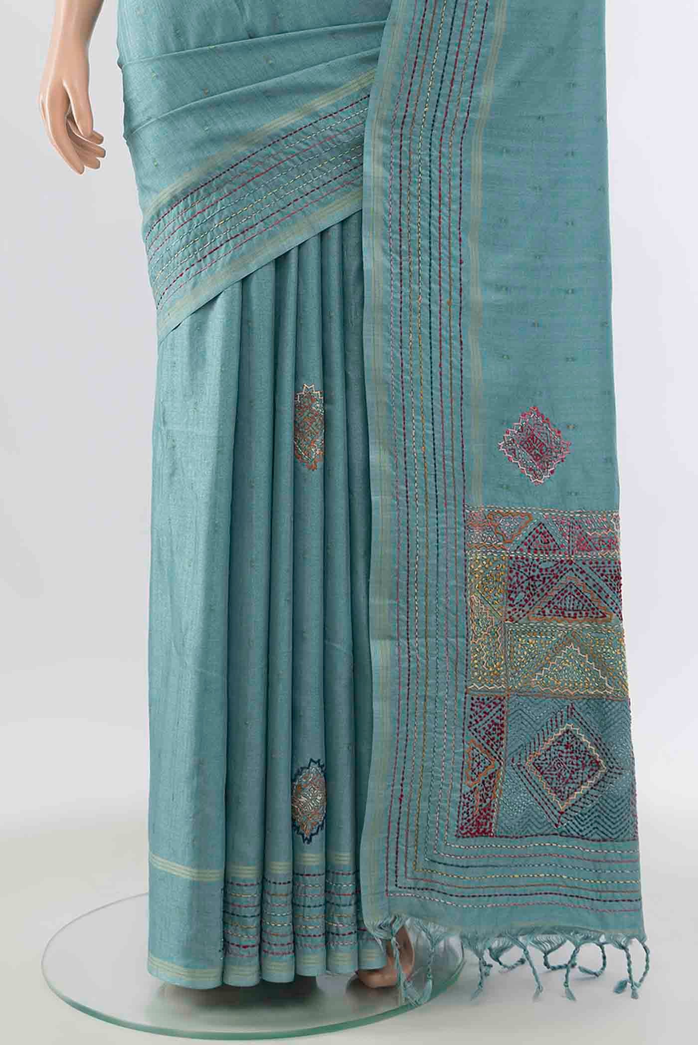 Light Blue Blended Tussar Silk Saree - Image 3