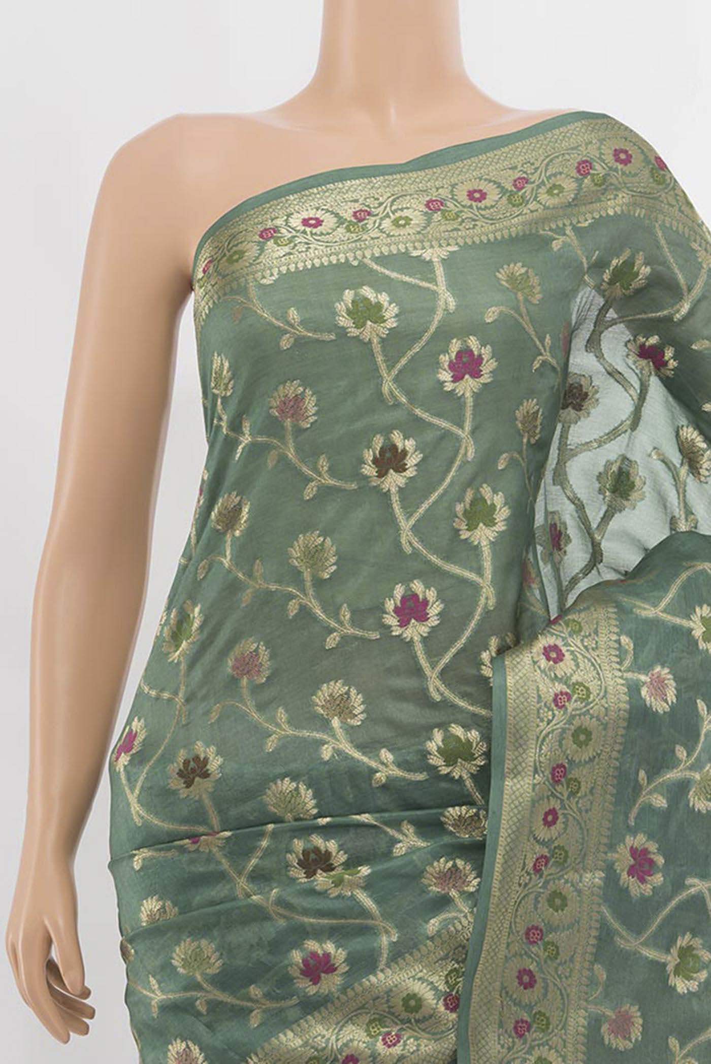 Blue Grey Banarasi Raw Silk Saree - Image 2