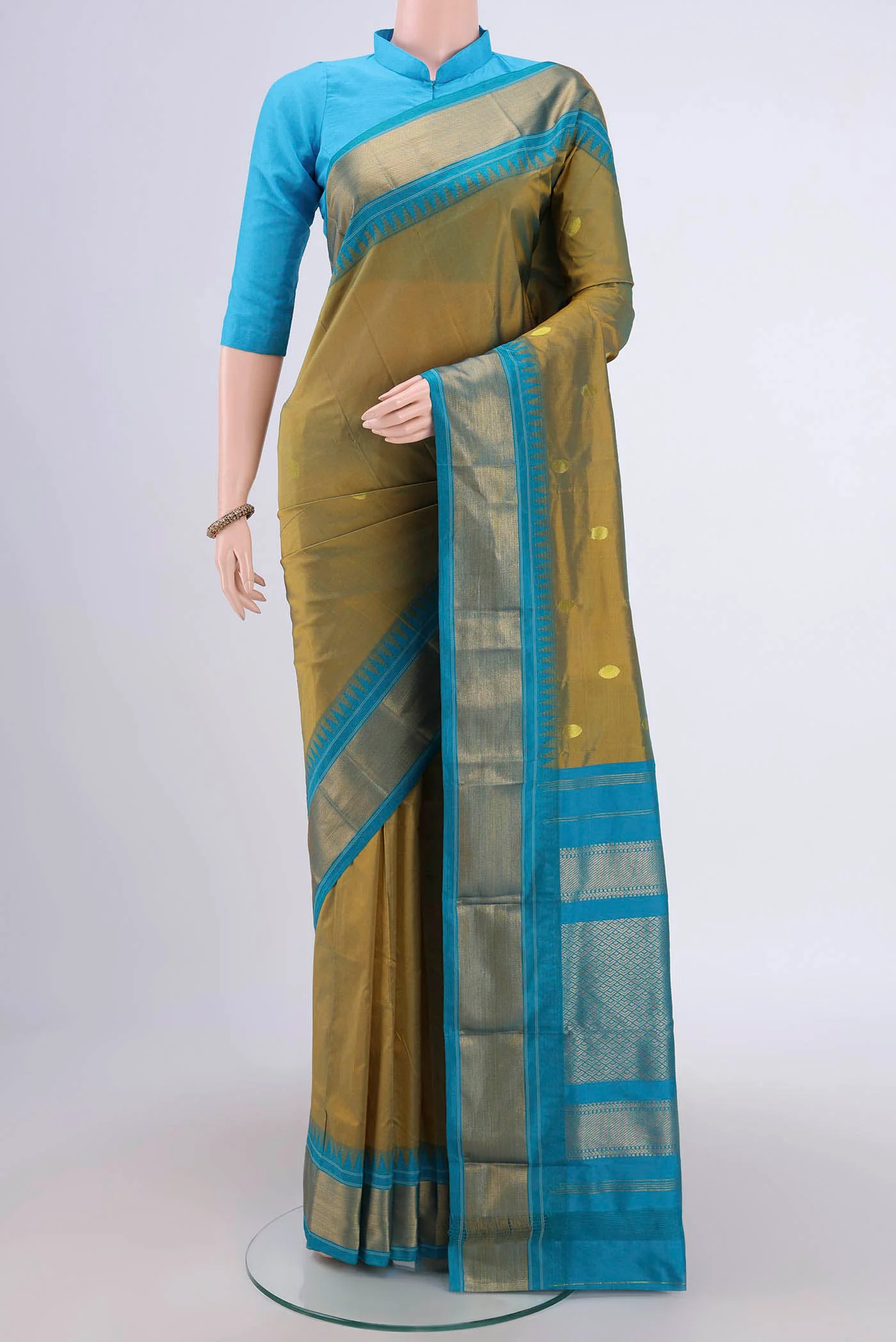 Green with Blue Color Blended Bangalore Silk Saree