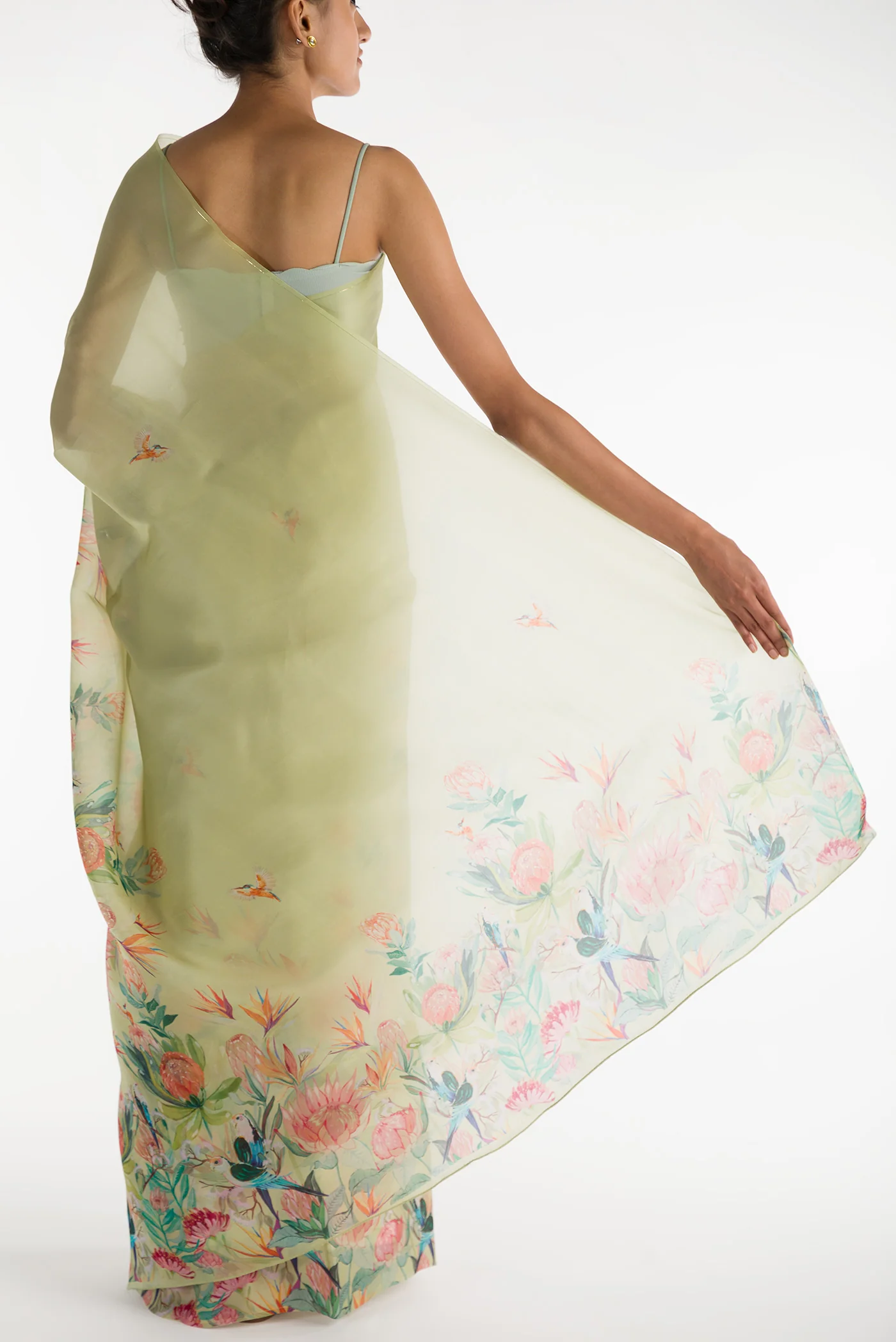 Lovers on the Branch-Pista Green Satin Organza Saree - Image 3