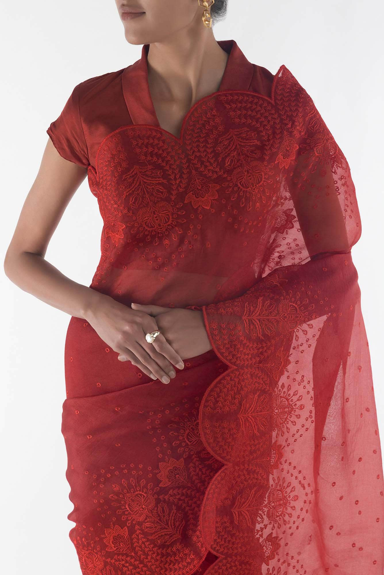 Lovelace Maroon floral design saree from Embroidered Romance Collection by Nalli - Image 3