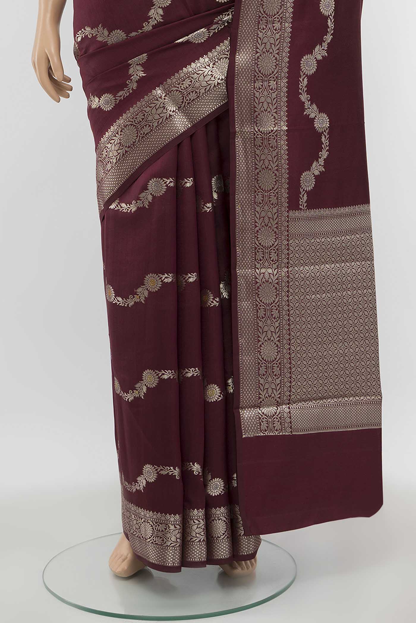 Burgundy Banarasi Raw Silk Saree - Image 3
