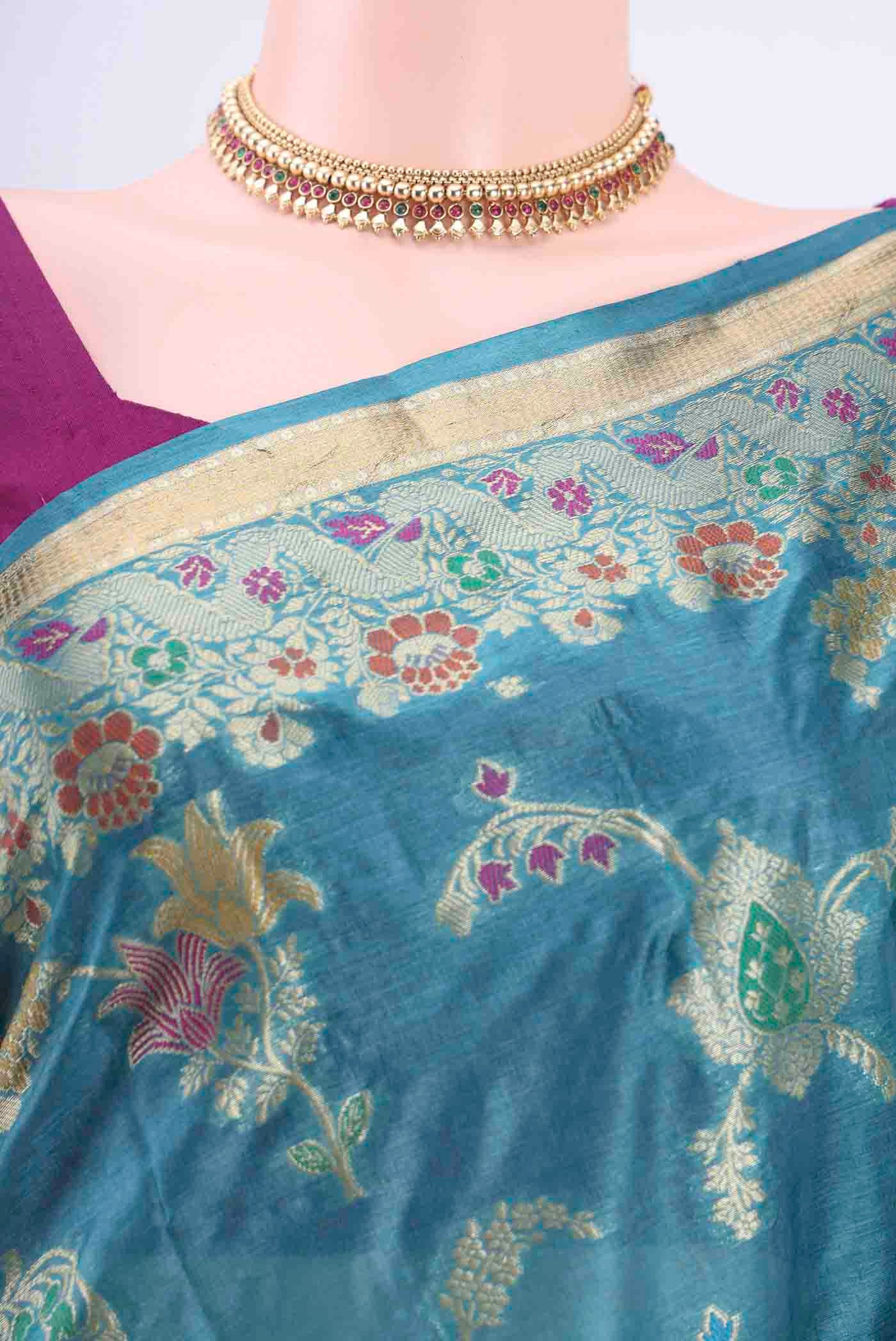 Blue Banarasi Tussar Silk Saree - Image 2