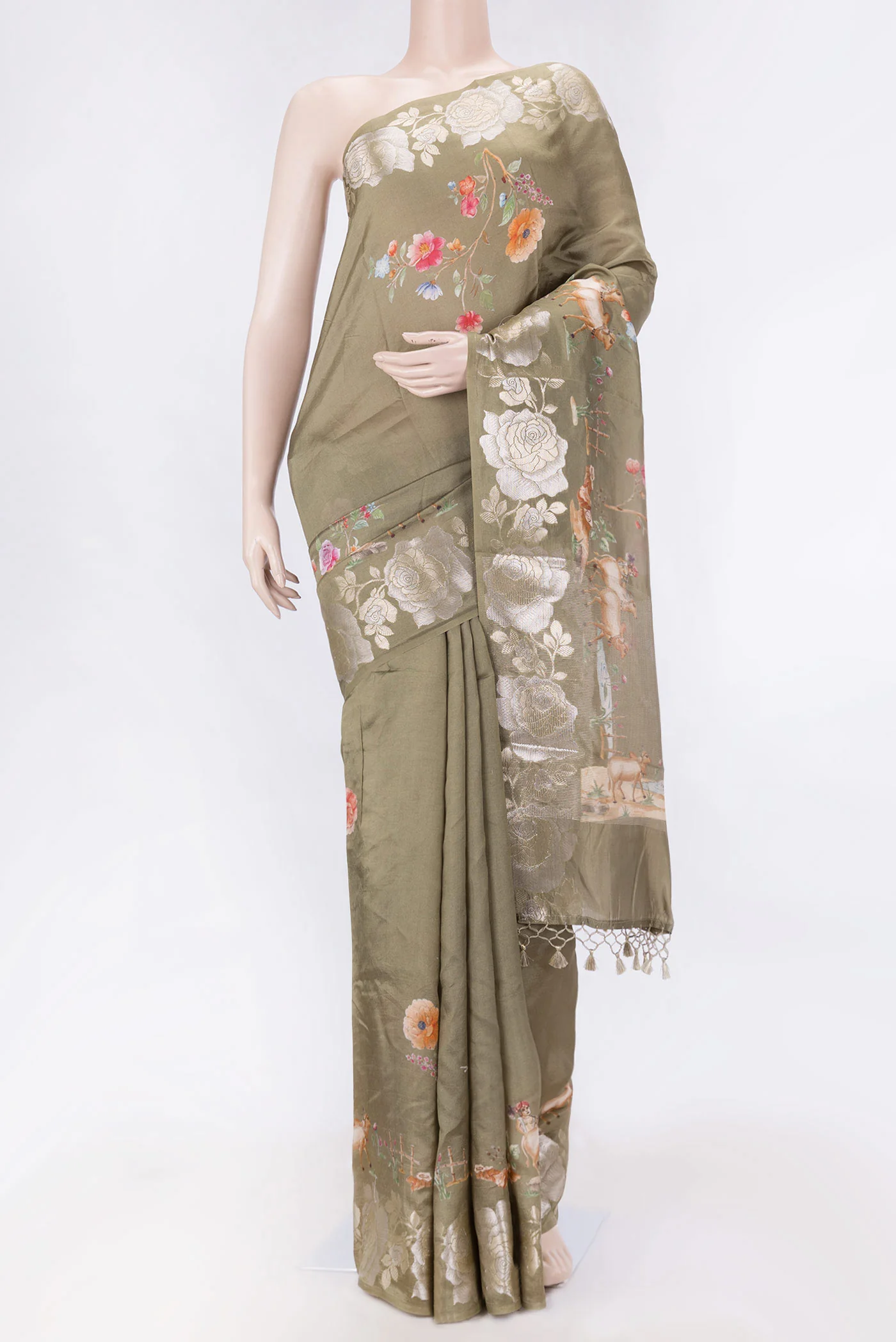 Mehandi Green Dual Tone Tussar Silk Saree