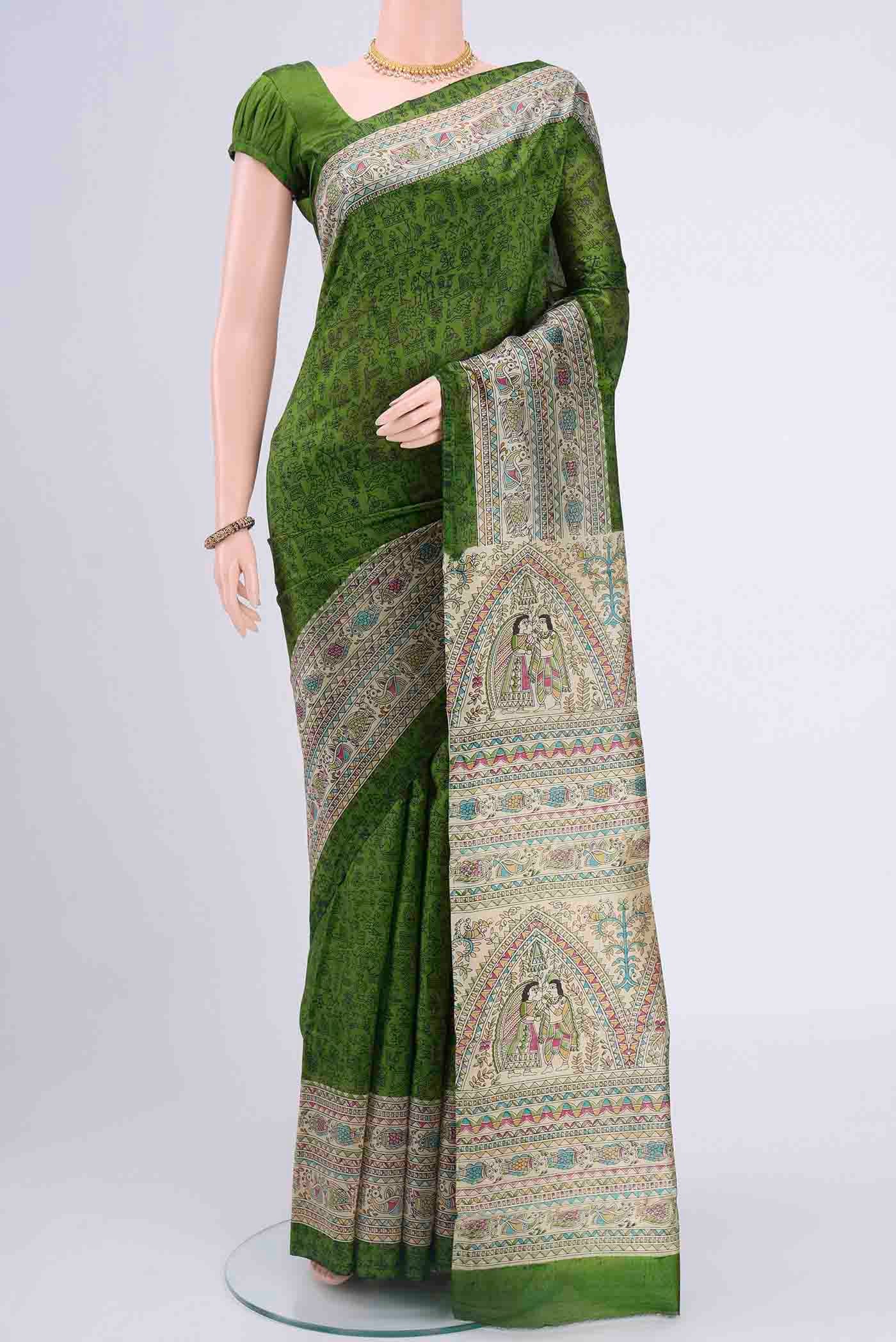 Mehandi Green Printed Silk Saree