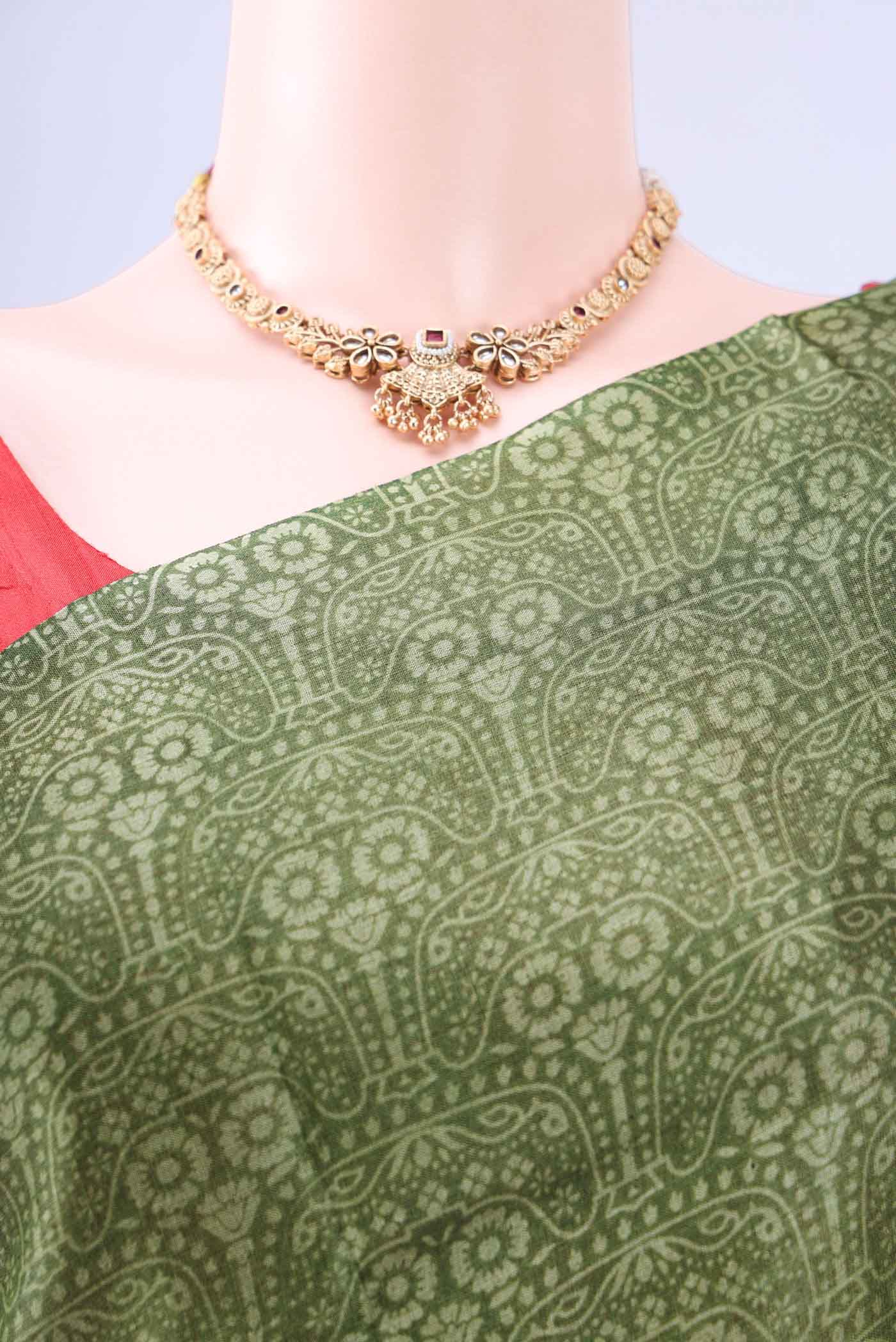 Mehandi Green Printed Silk Saree - Image 2
