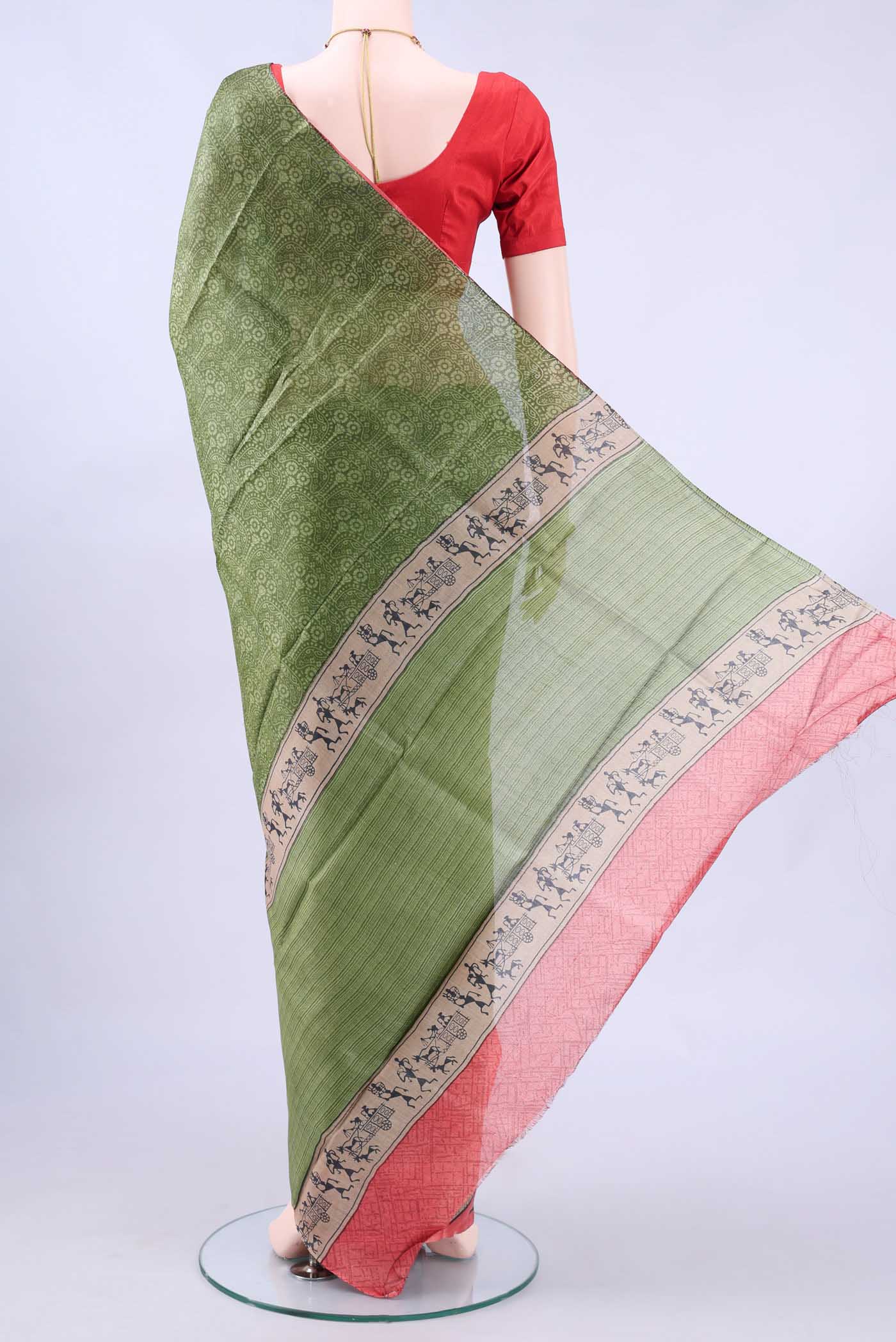 Mehandi Green Printed Silk Saree - Image 3