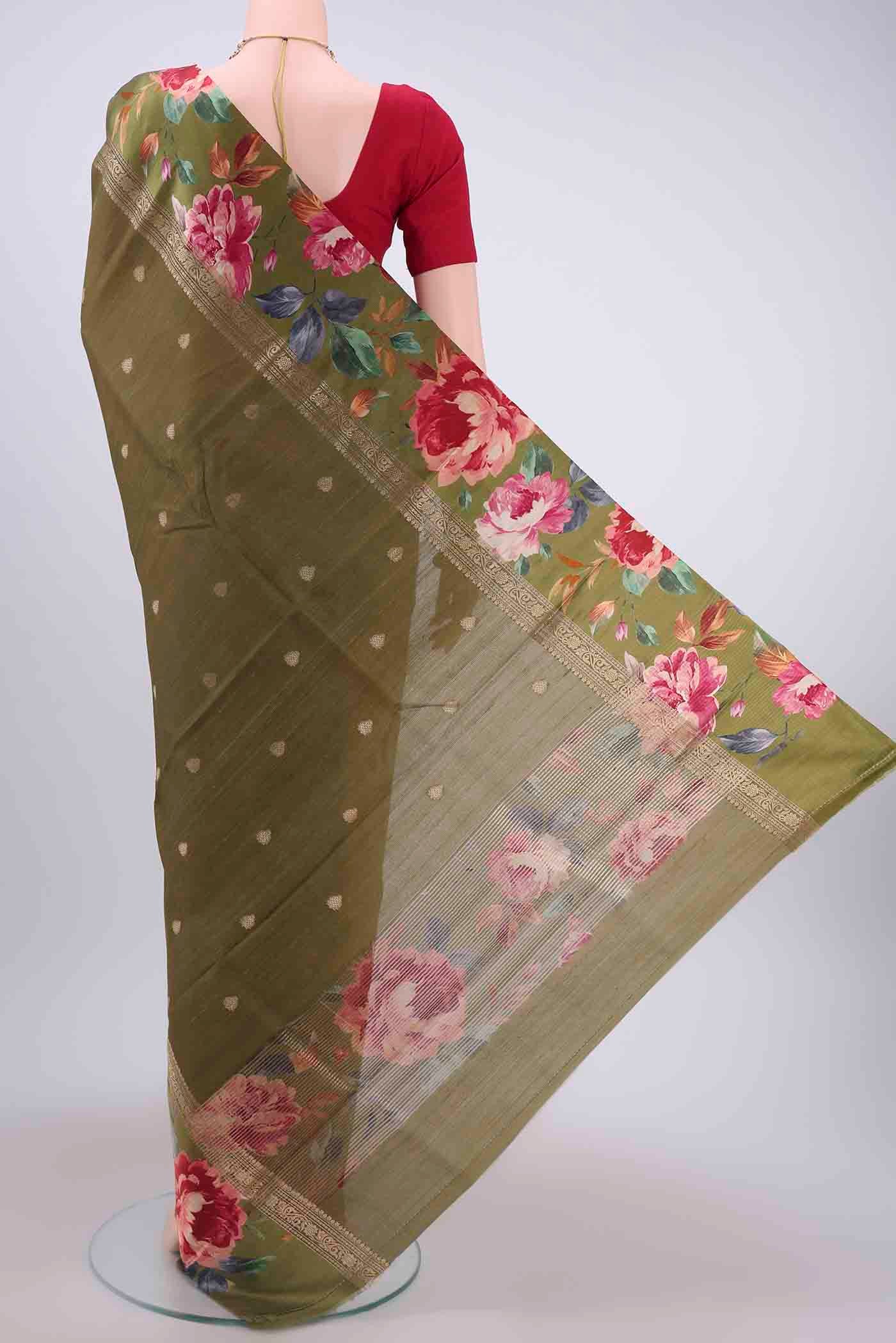 Mehandi Green Tussar Silk Saree - Image 3