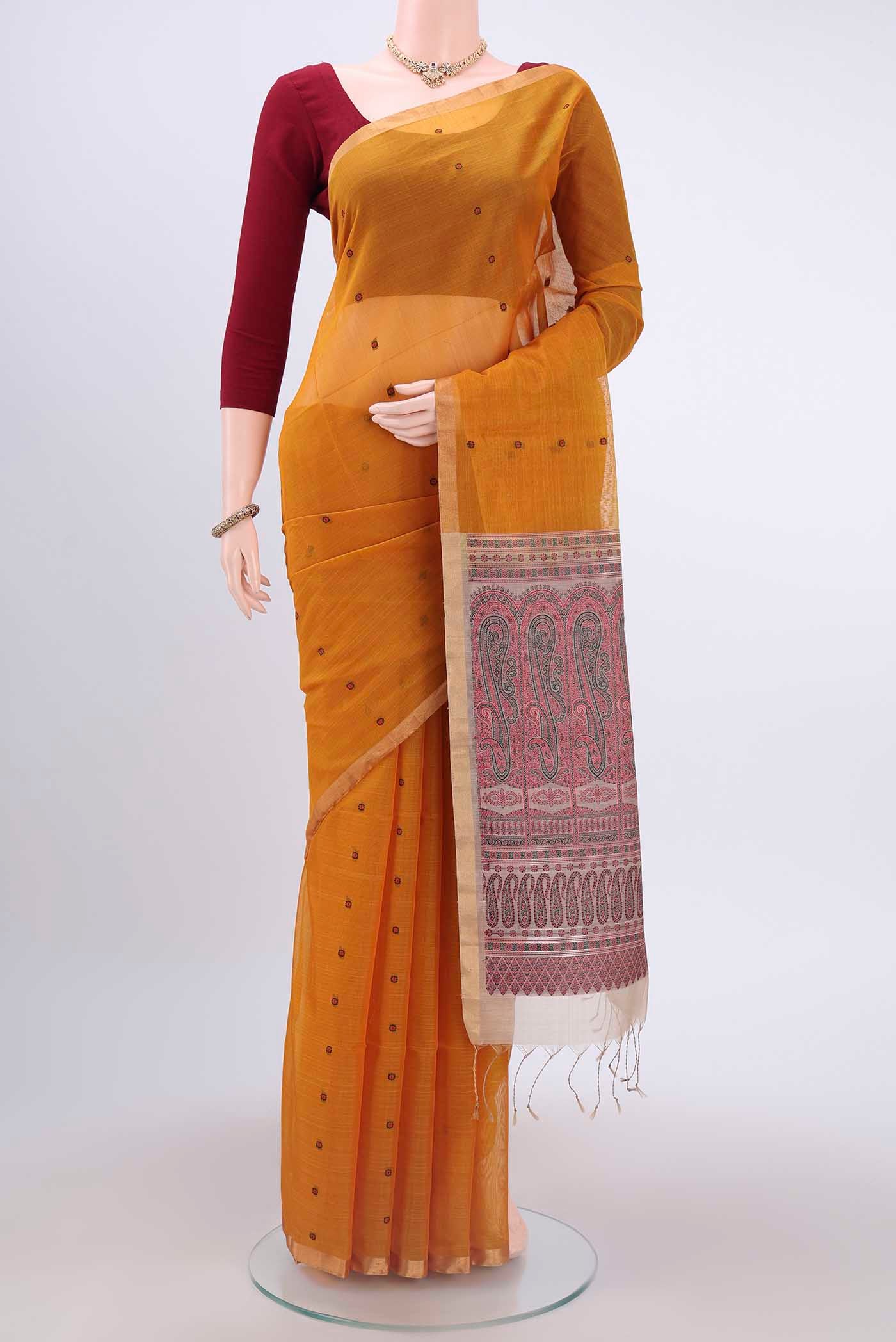 Mustard Kora Cotton Saree