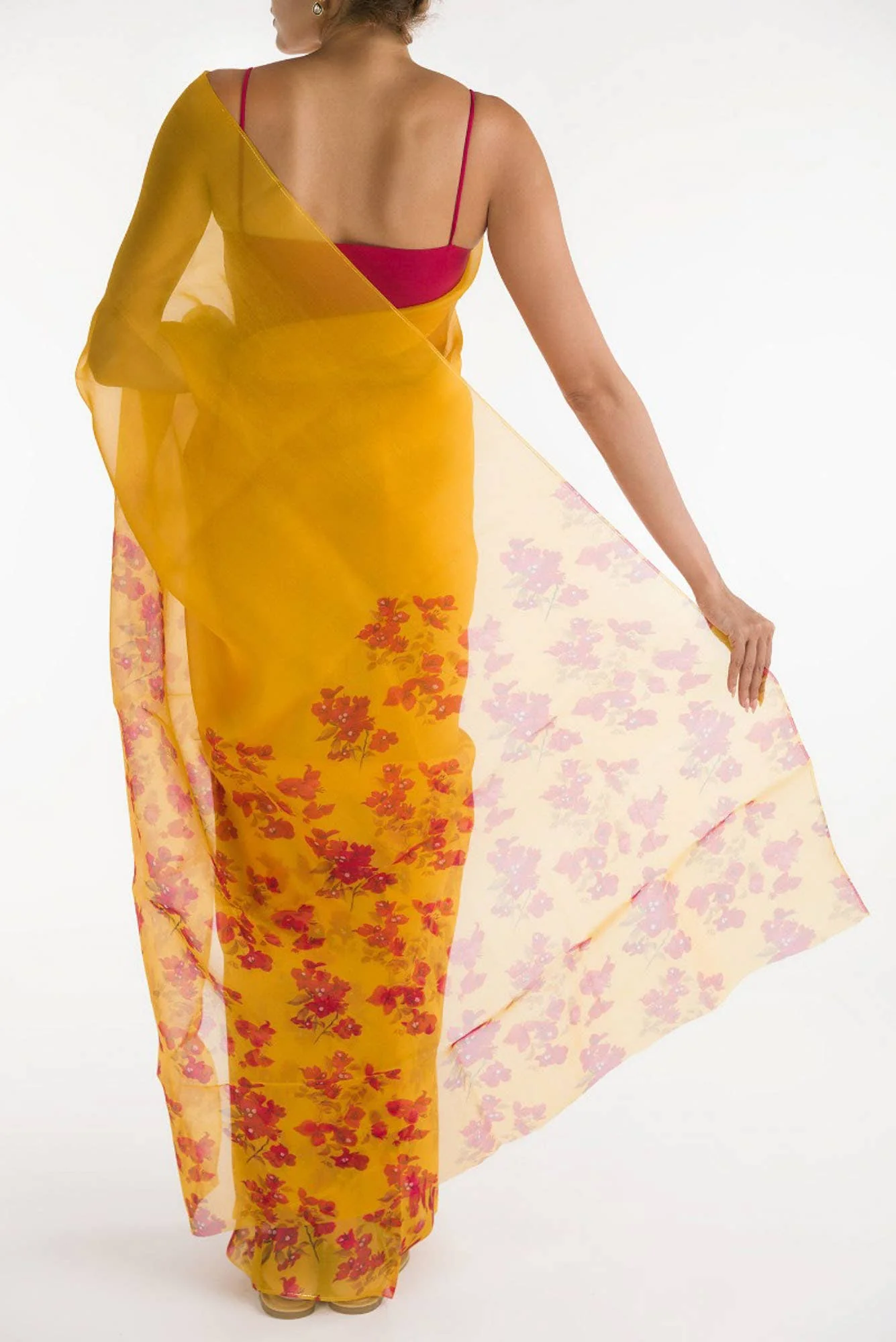Bougainvillea Vines Mustard Pure Organza Silk Saree - Image 3