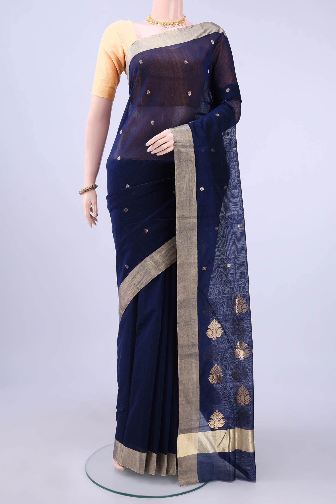 Navy Blue Chanderi Silk Cotton Saree - Image 3