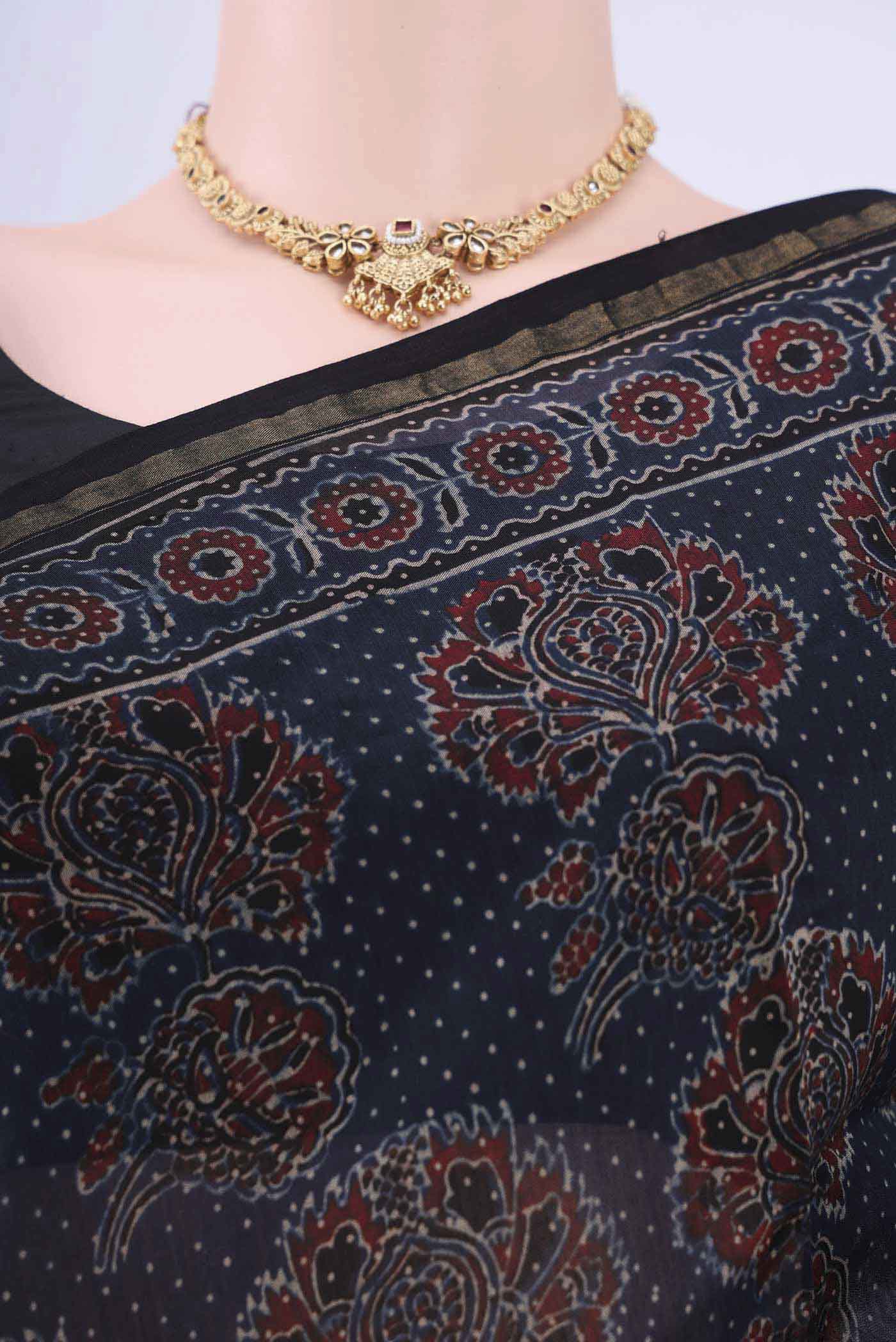 Navy Blue Cotton Saree - Image 2