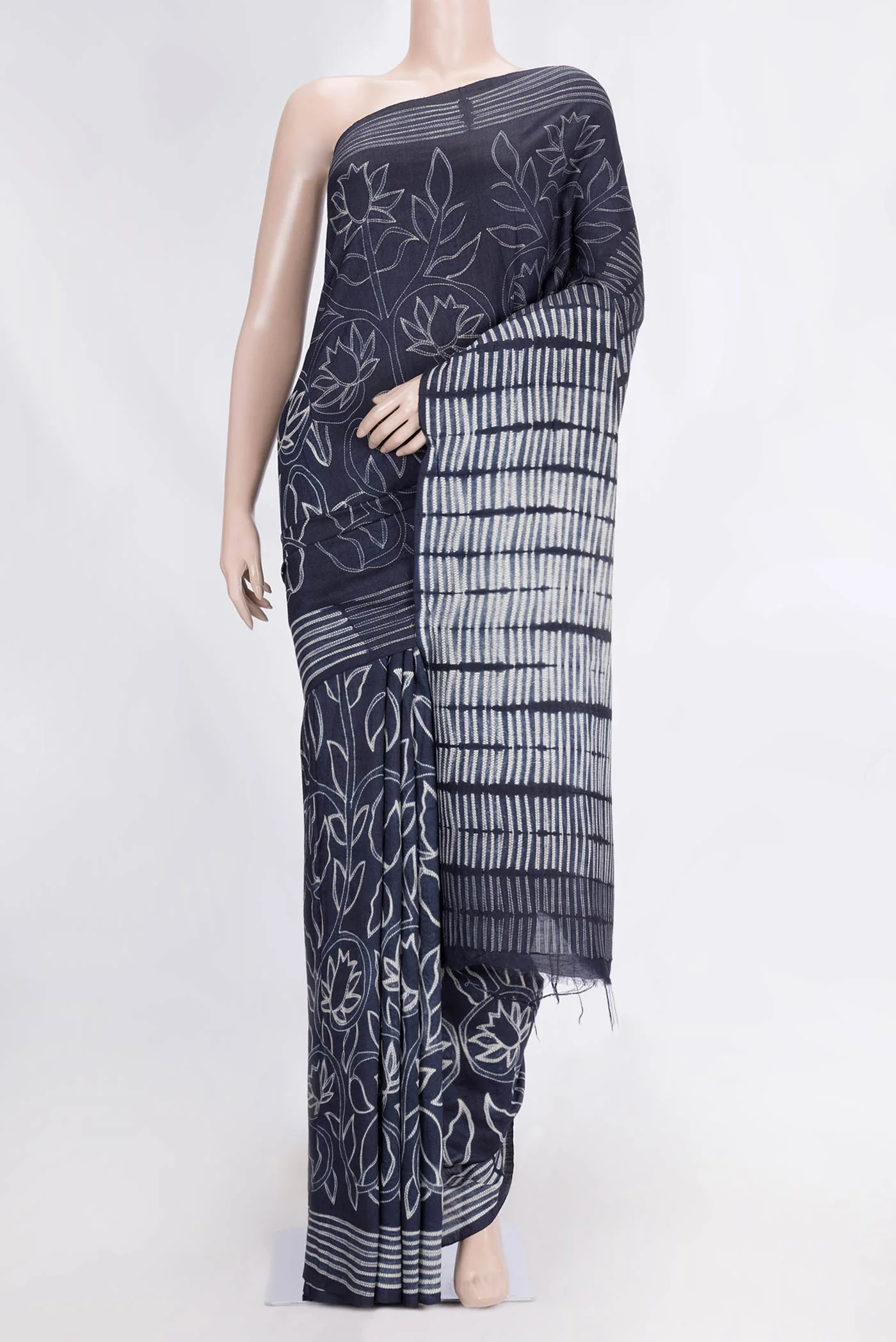 Navy Blue Tussar Silk Saree