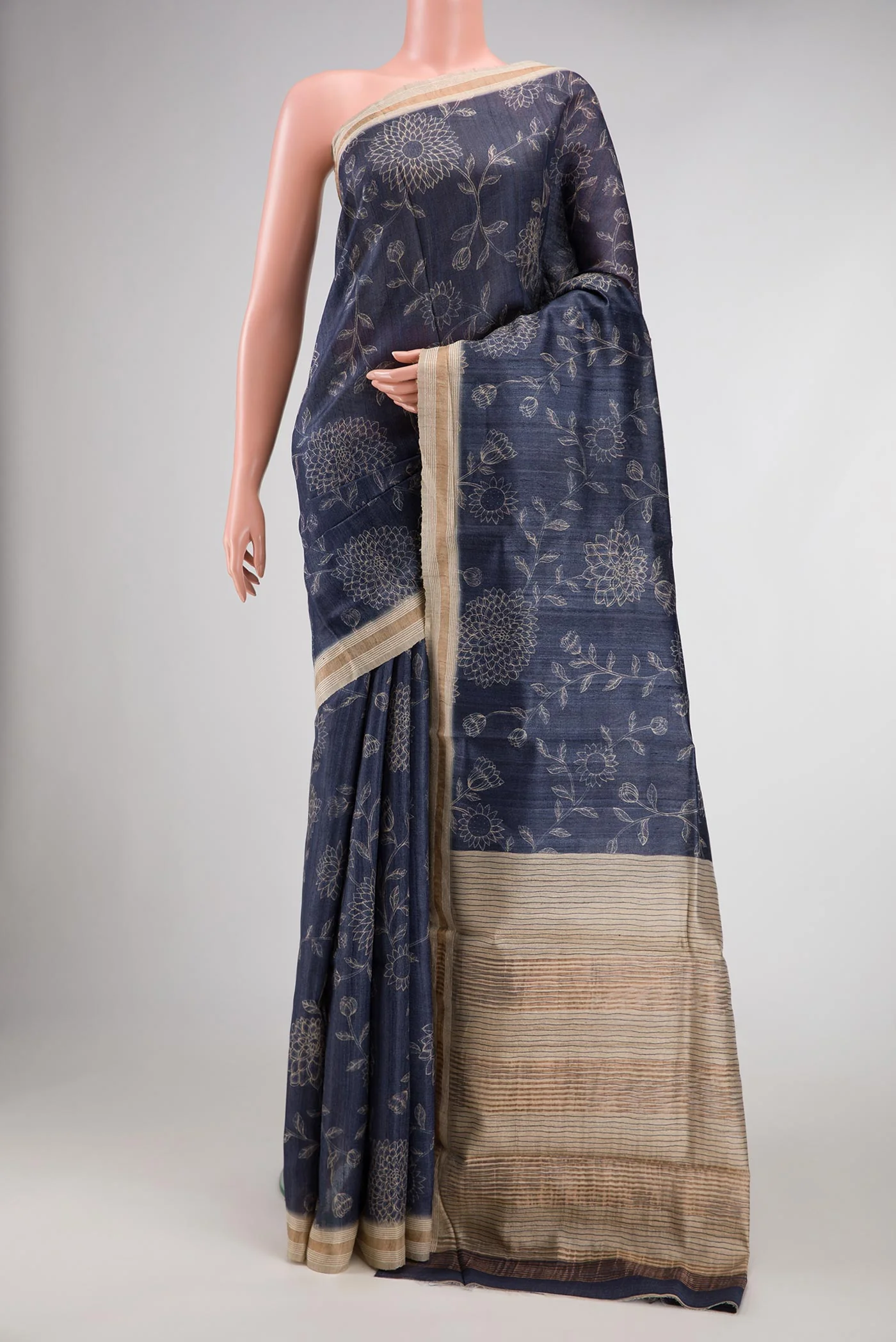 Navy Blue Tussar Silk Saree