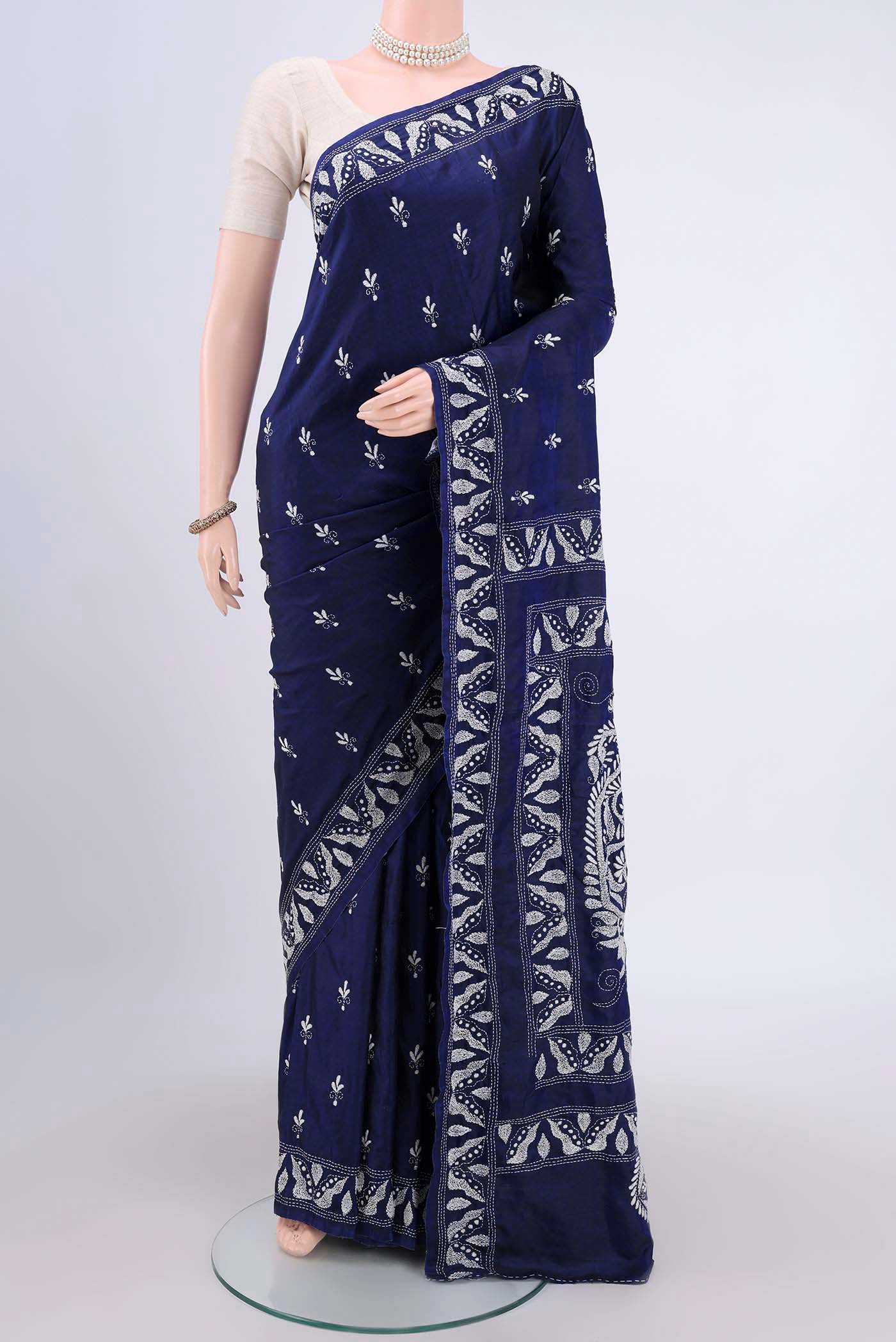 Navy Blue Kantha Silk Saree