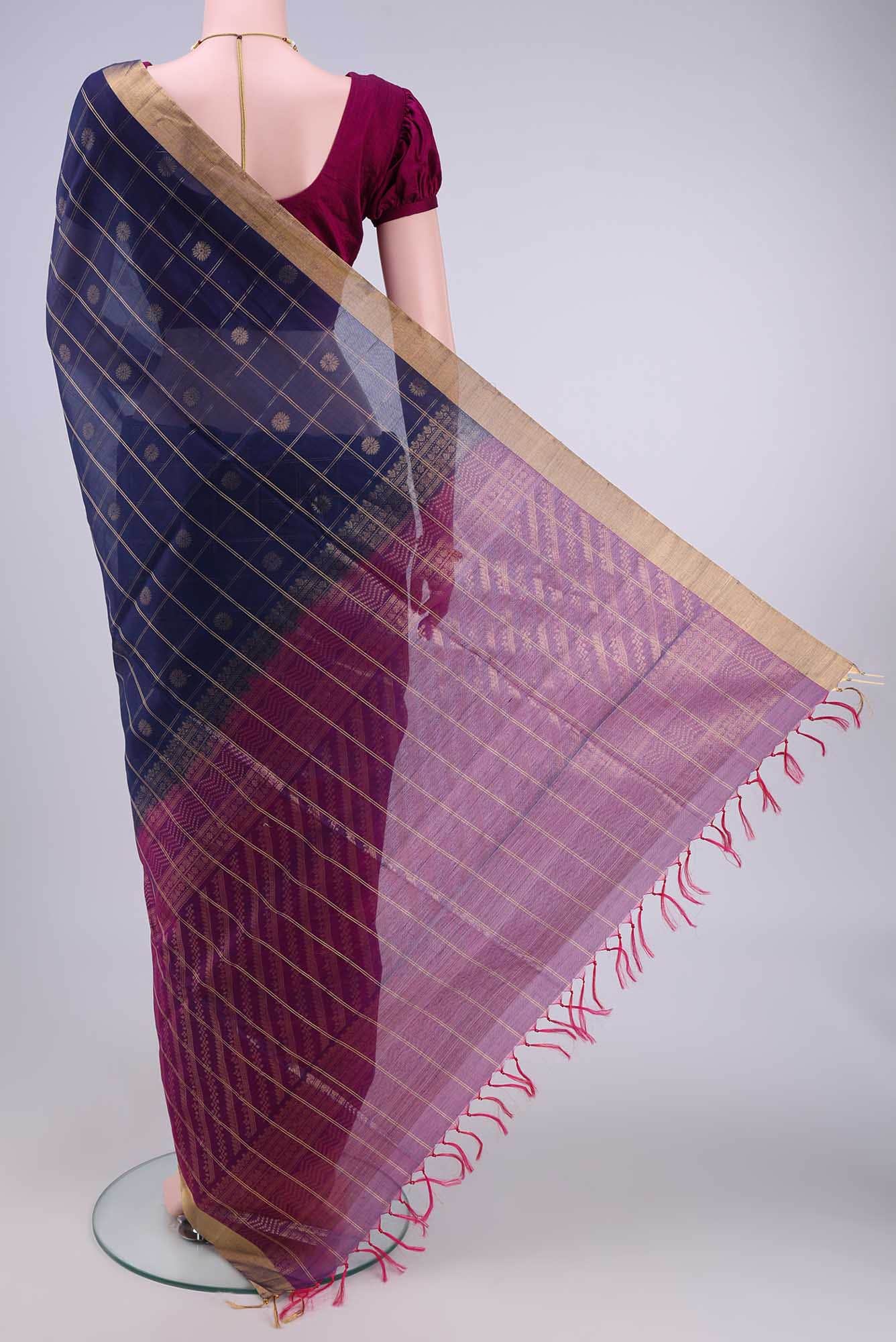 Navy Blue Kora Cotton Saree - Image 2