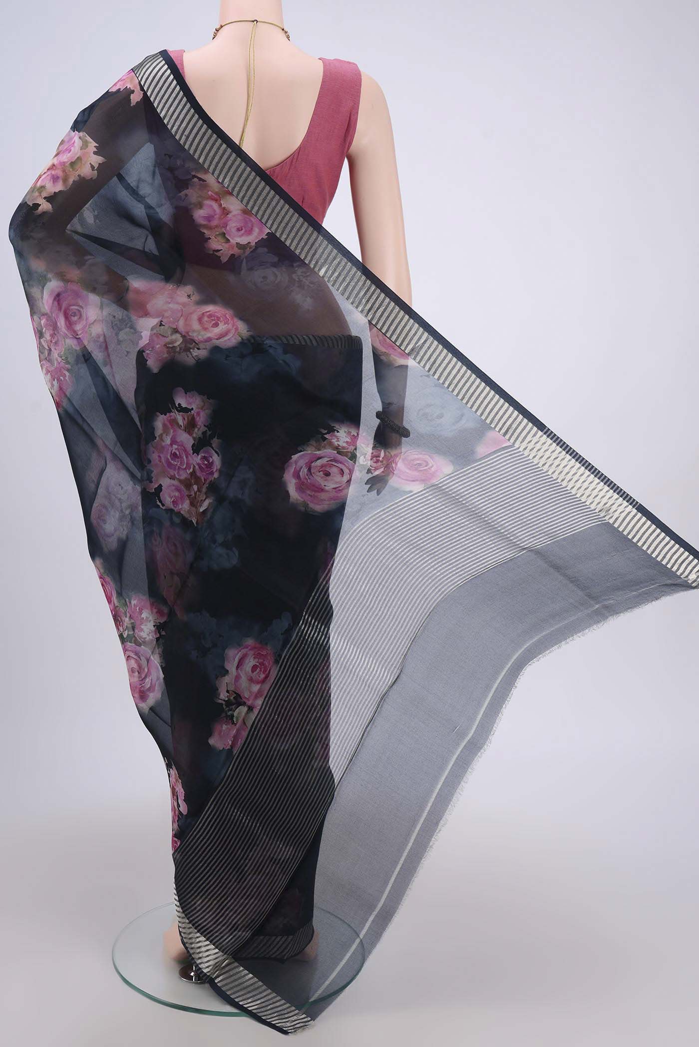 Navy Blue Organza Silk Saree - Image 3