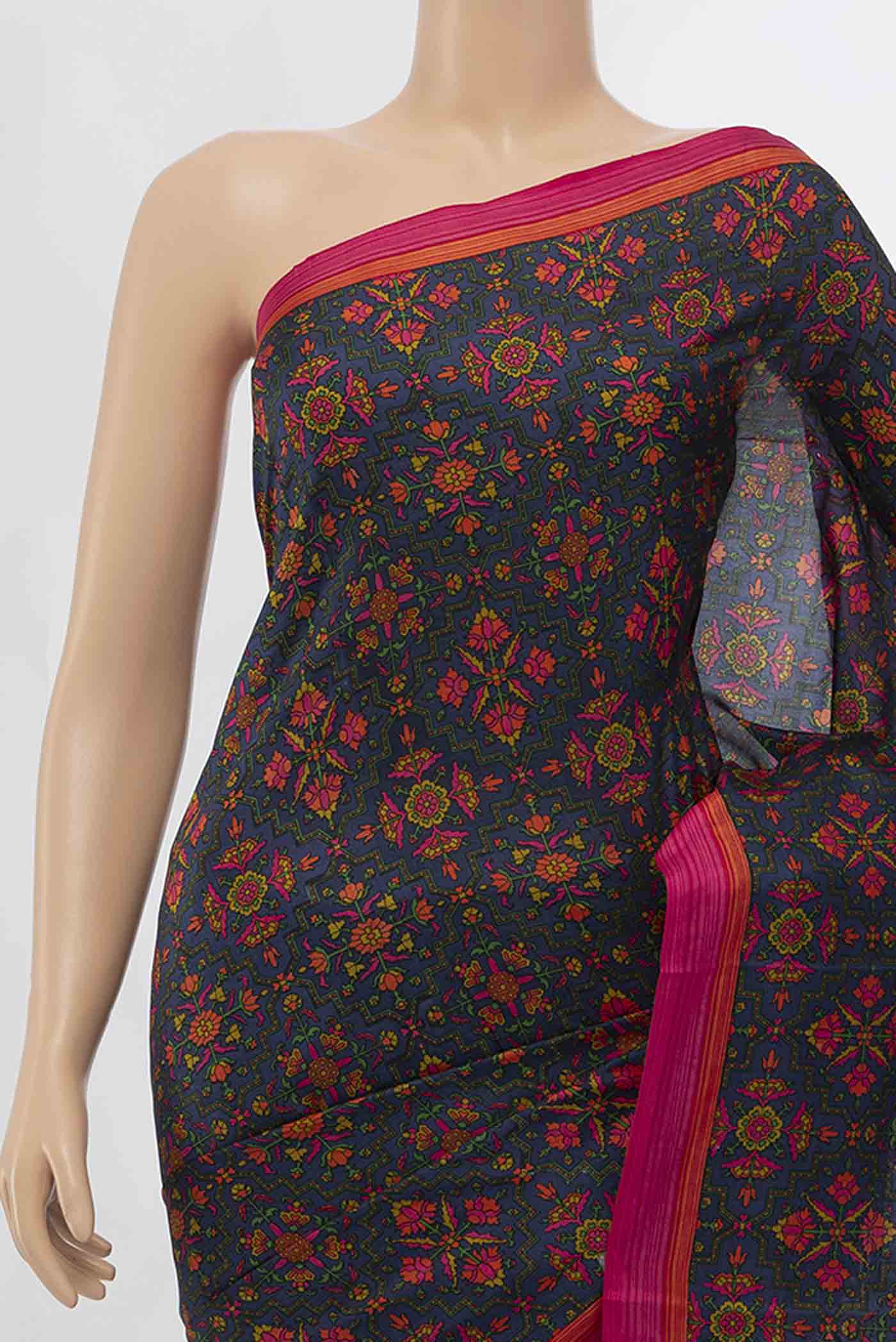 Navy Blue Printed Silk Saree - Image 2