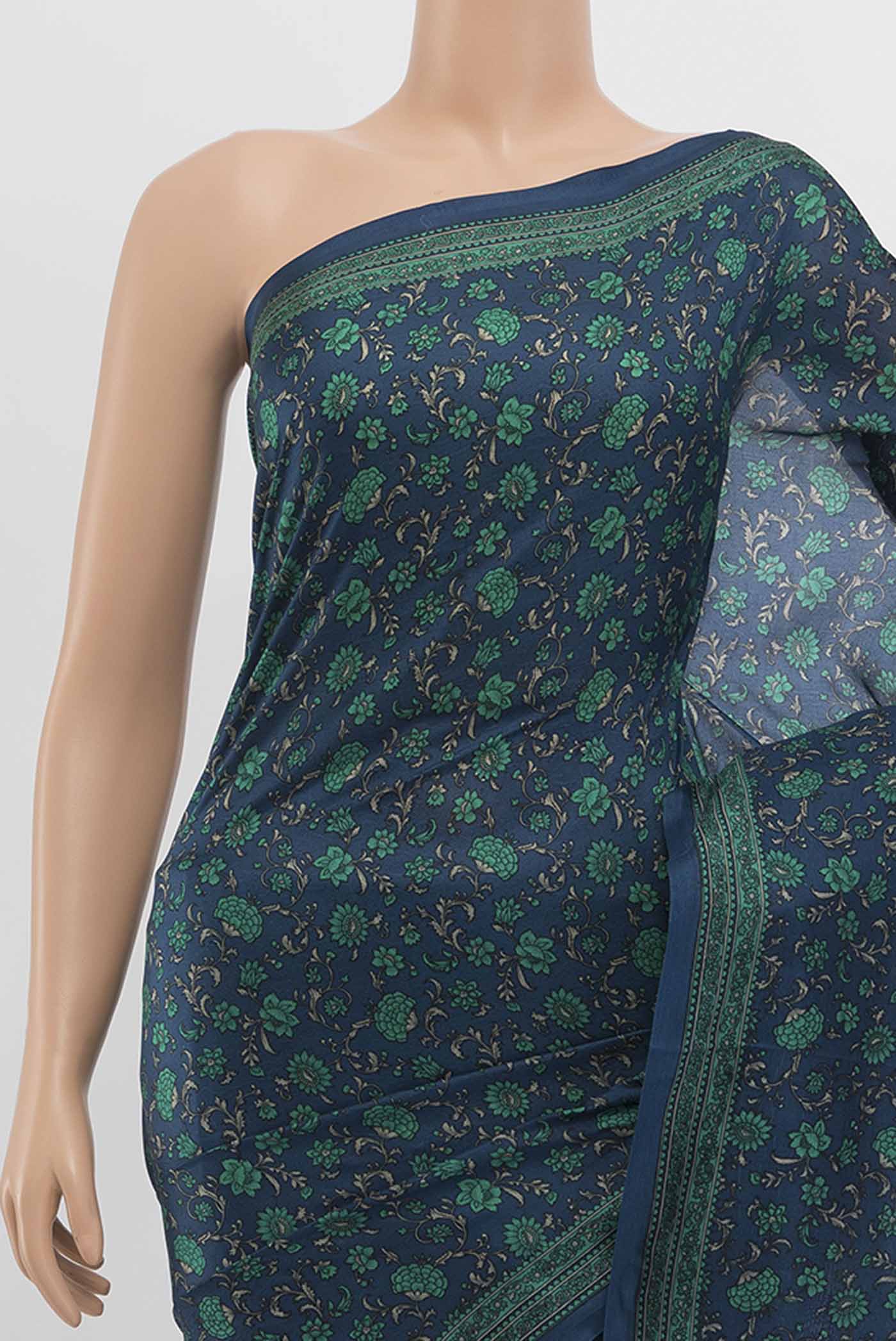 Navy Blue Printed Silk Saree - Image 2
