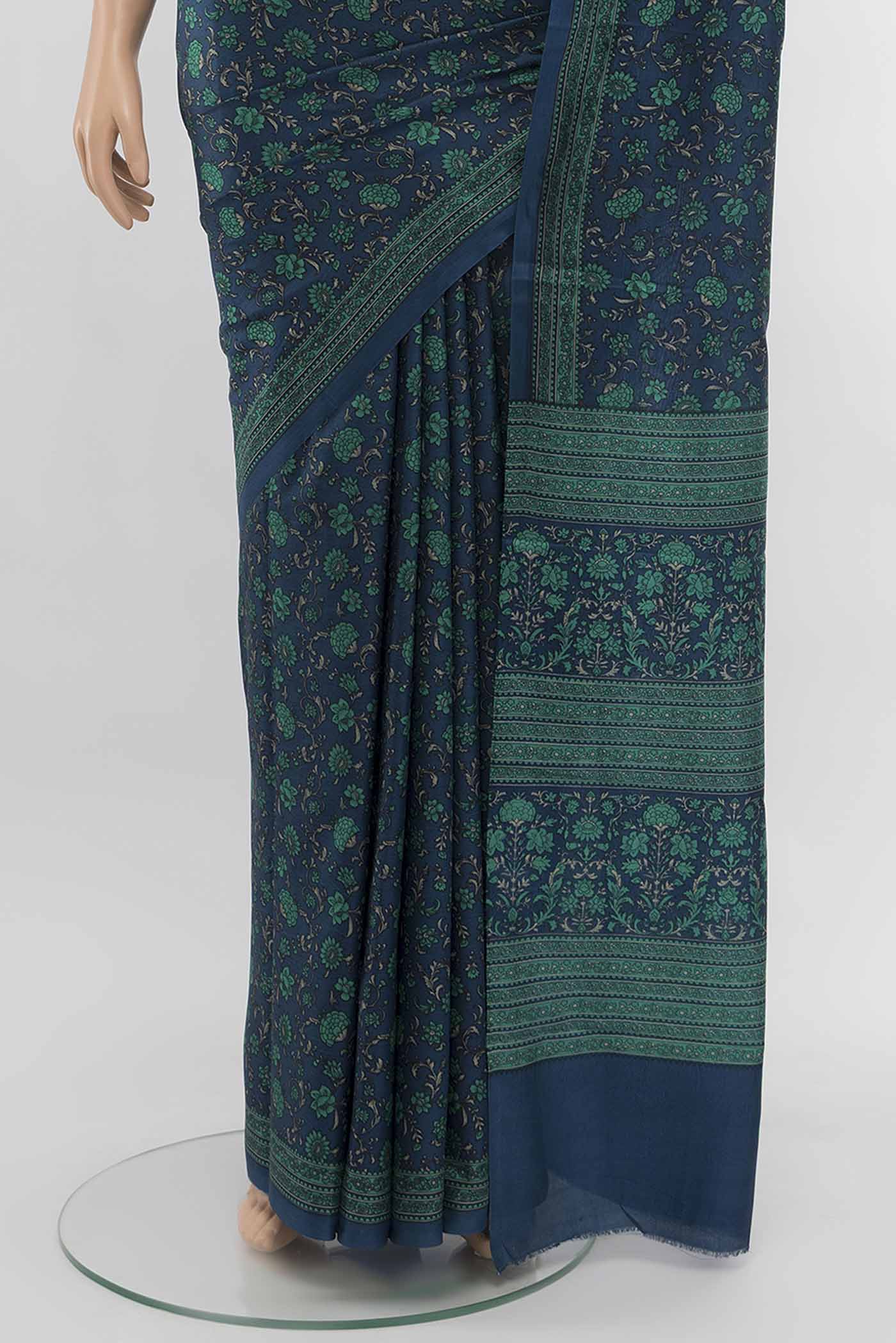 Navy Blue Printed Silk Saree - Image 3