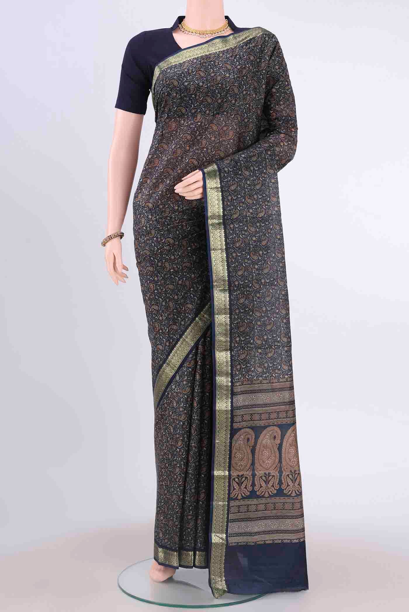 Navy Blue Printed Silk Saree