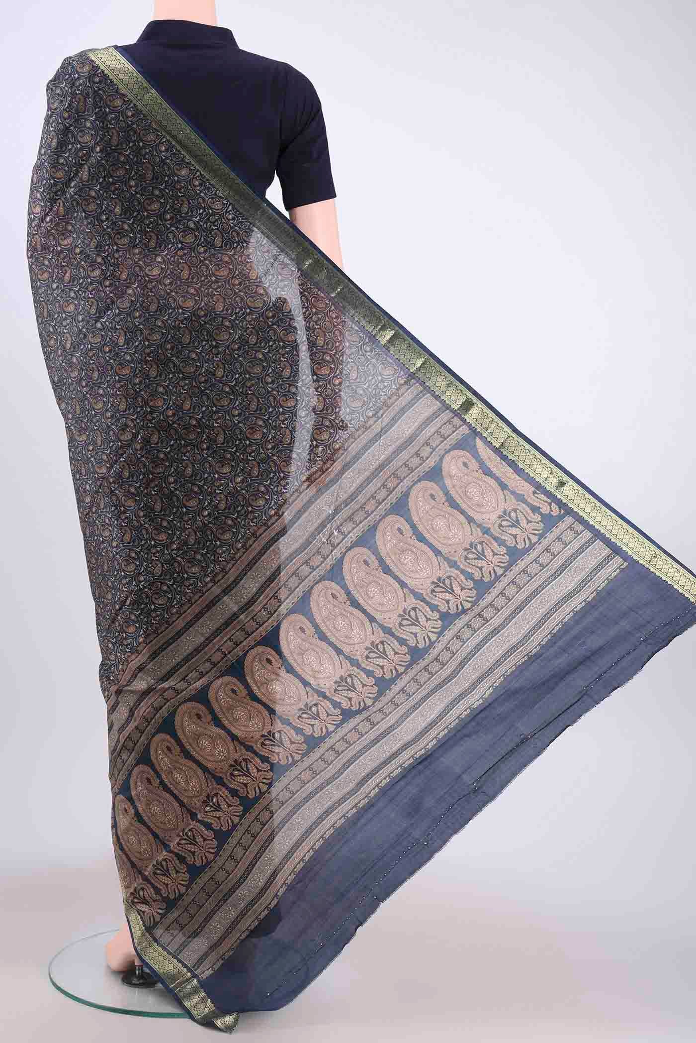 Navy Blue Printed Silk Saree - Image 3