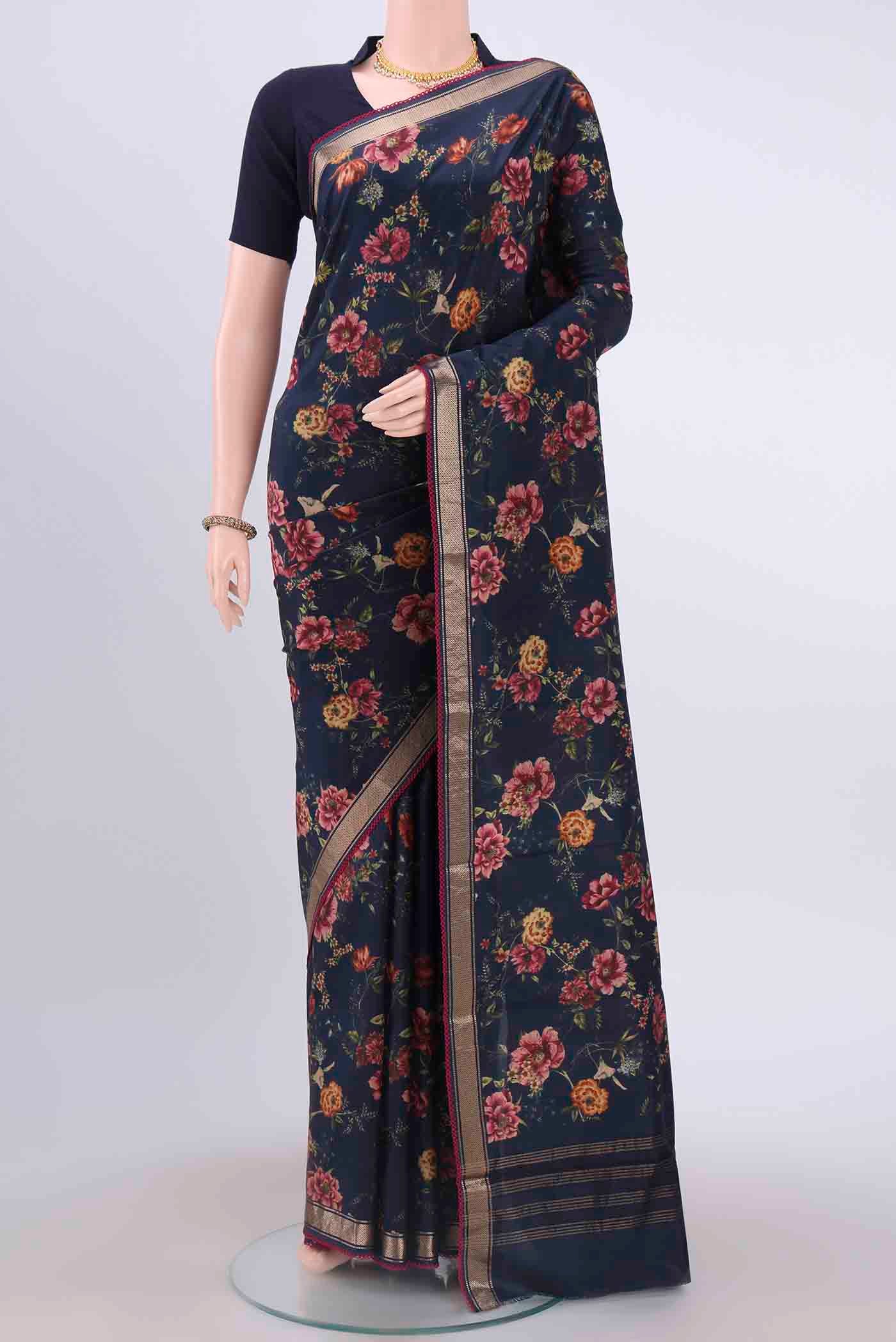 Navy Blue Printed Silk Saree