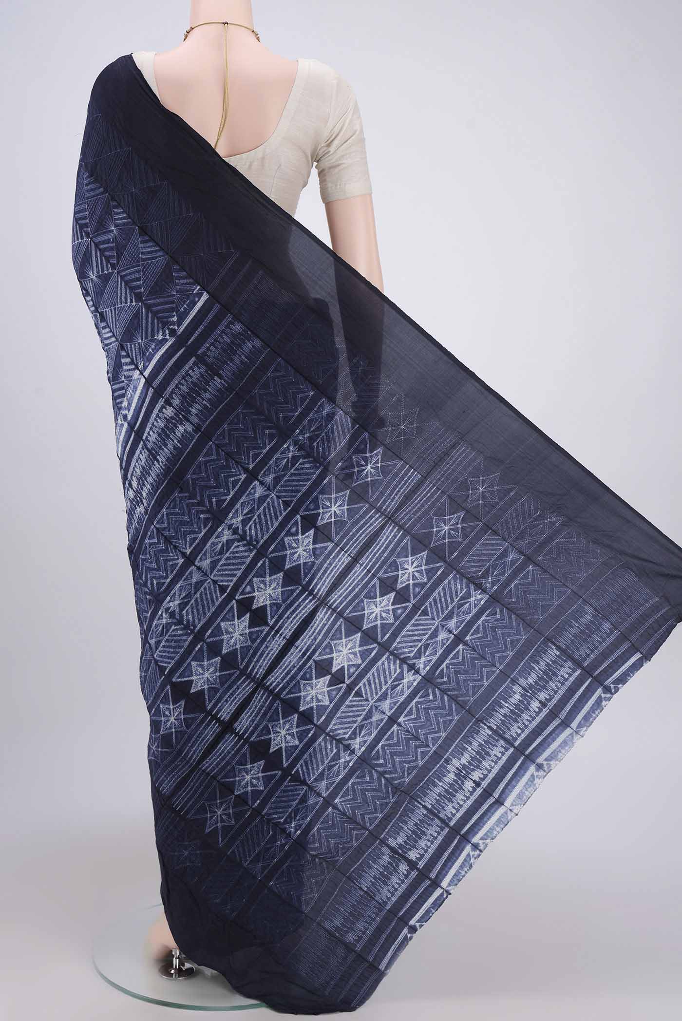 Navy Blue Tussar Silk Saree - Image 3