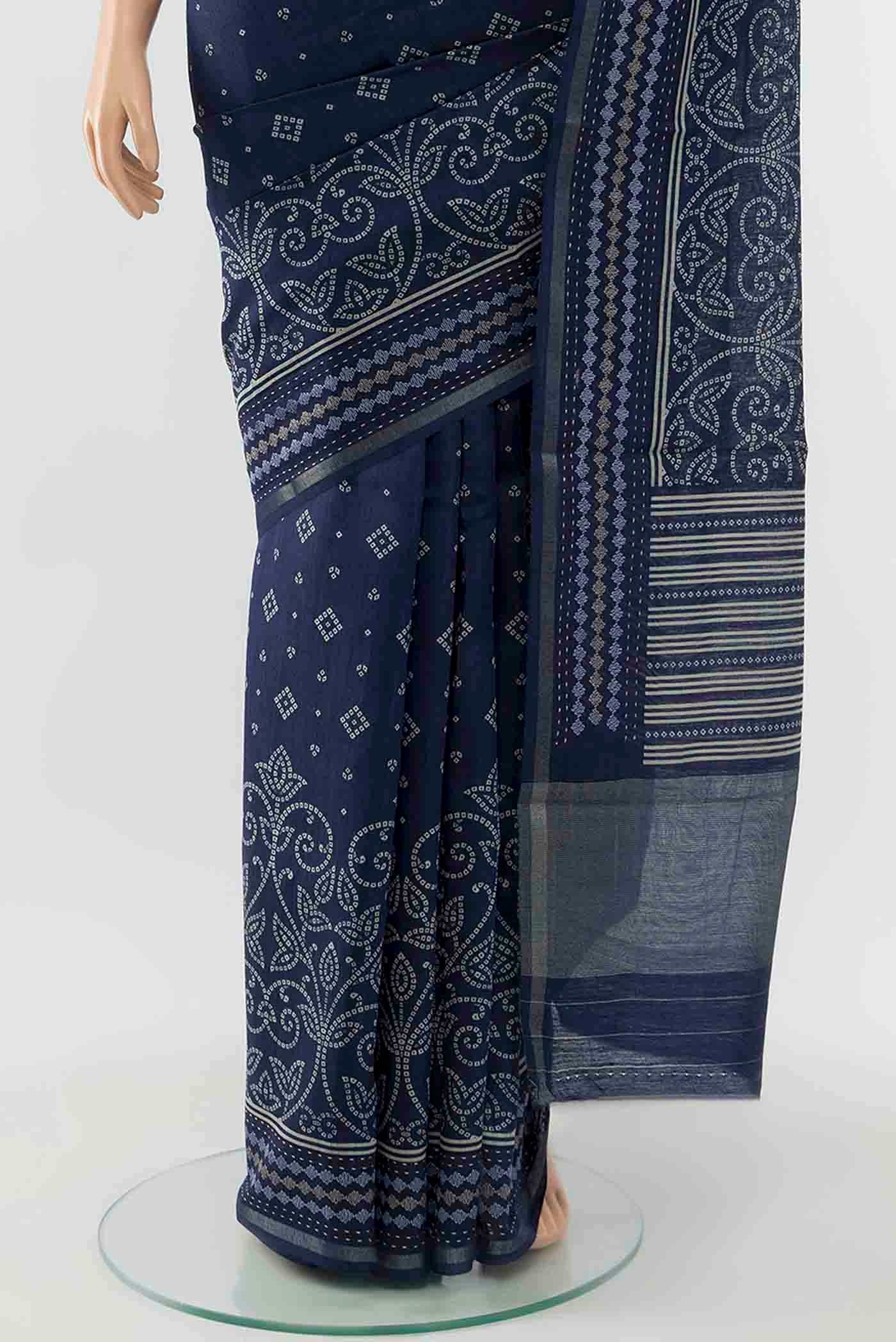 Navy Blue Tussar Silk Saree - Image 3
