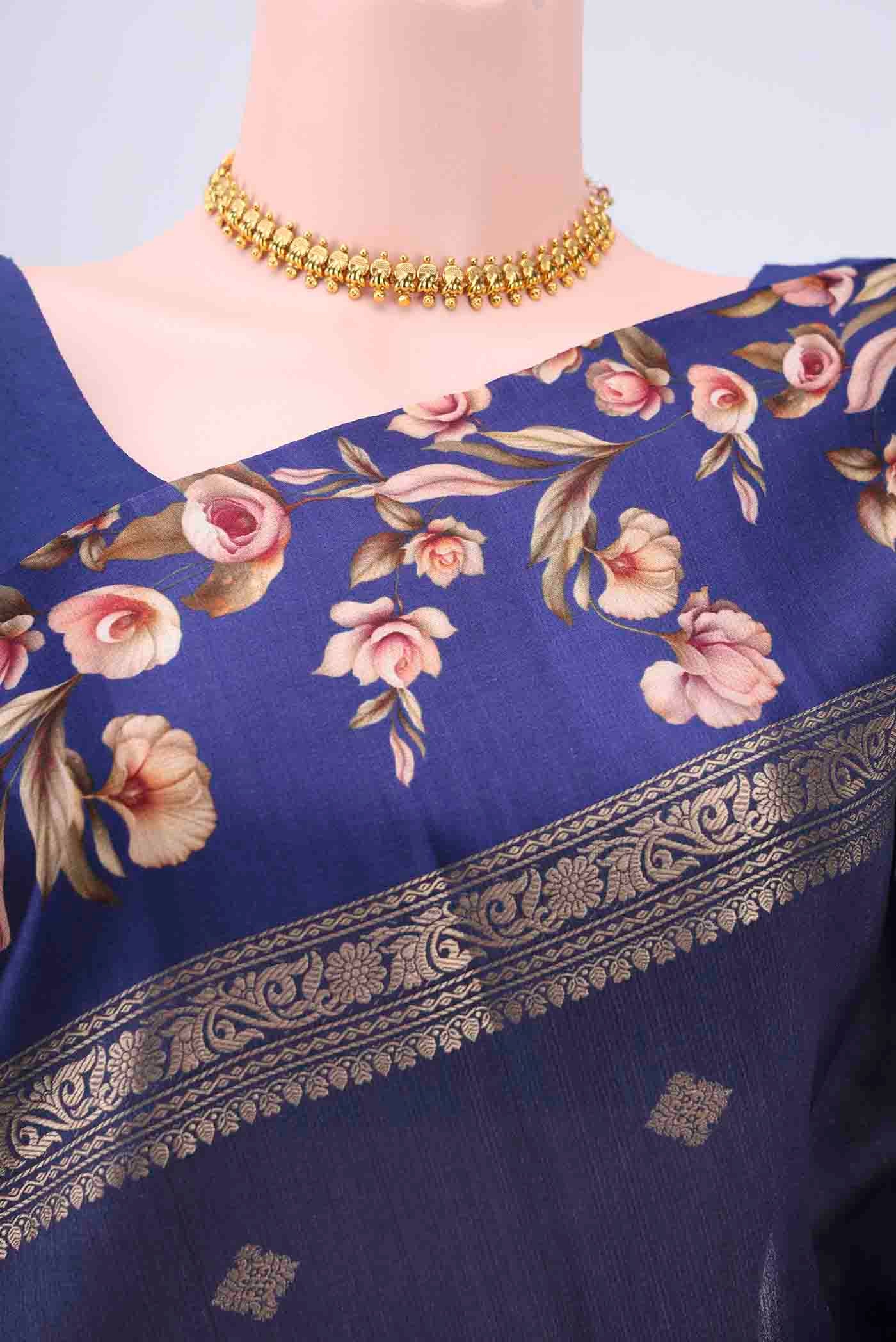 Navy Blue Tussar Silk Saree - Image 2