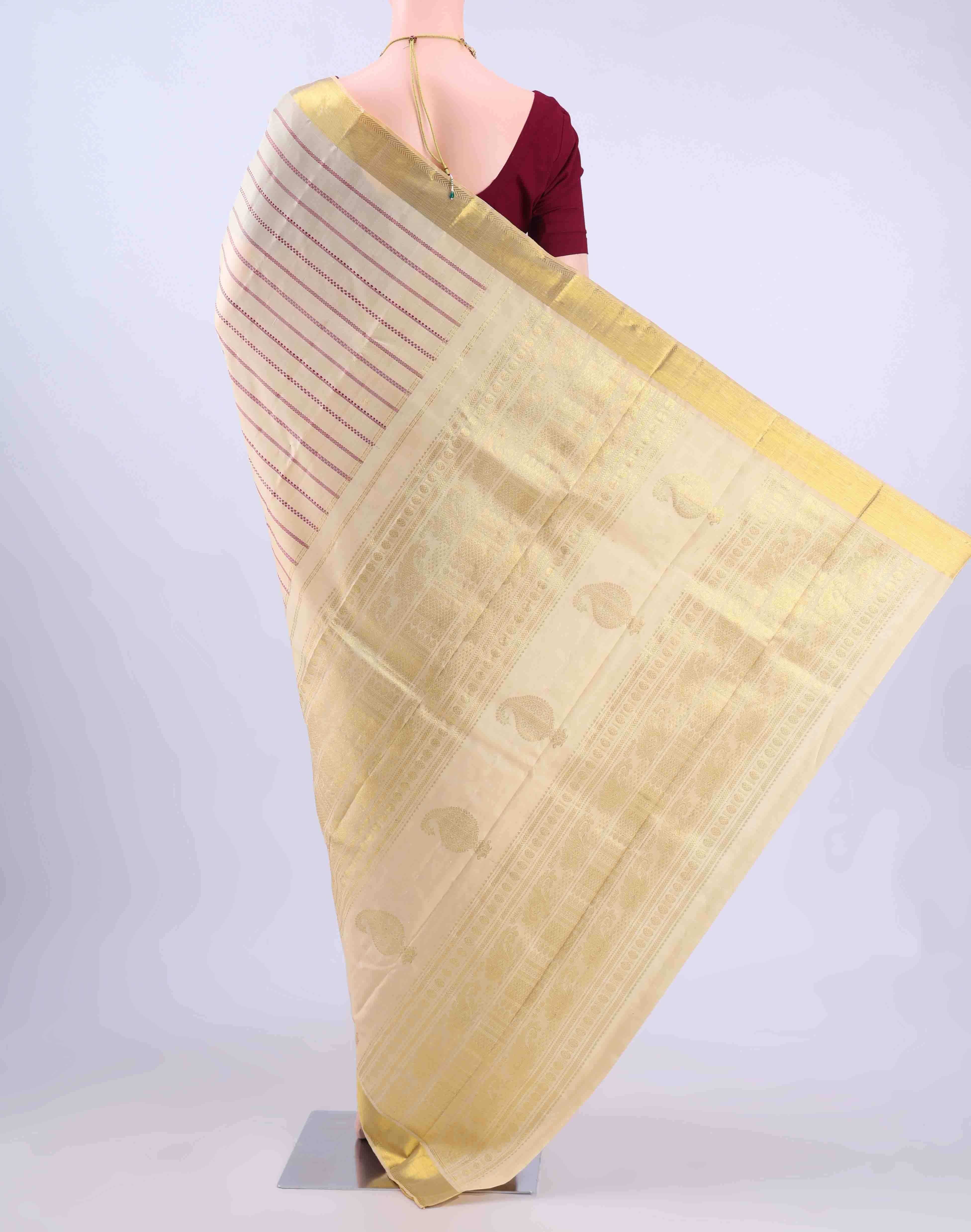 Off White Dual Tone Kanjivaram Silk Saree - Image 2