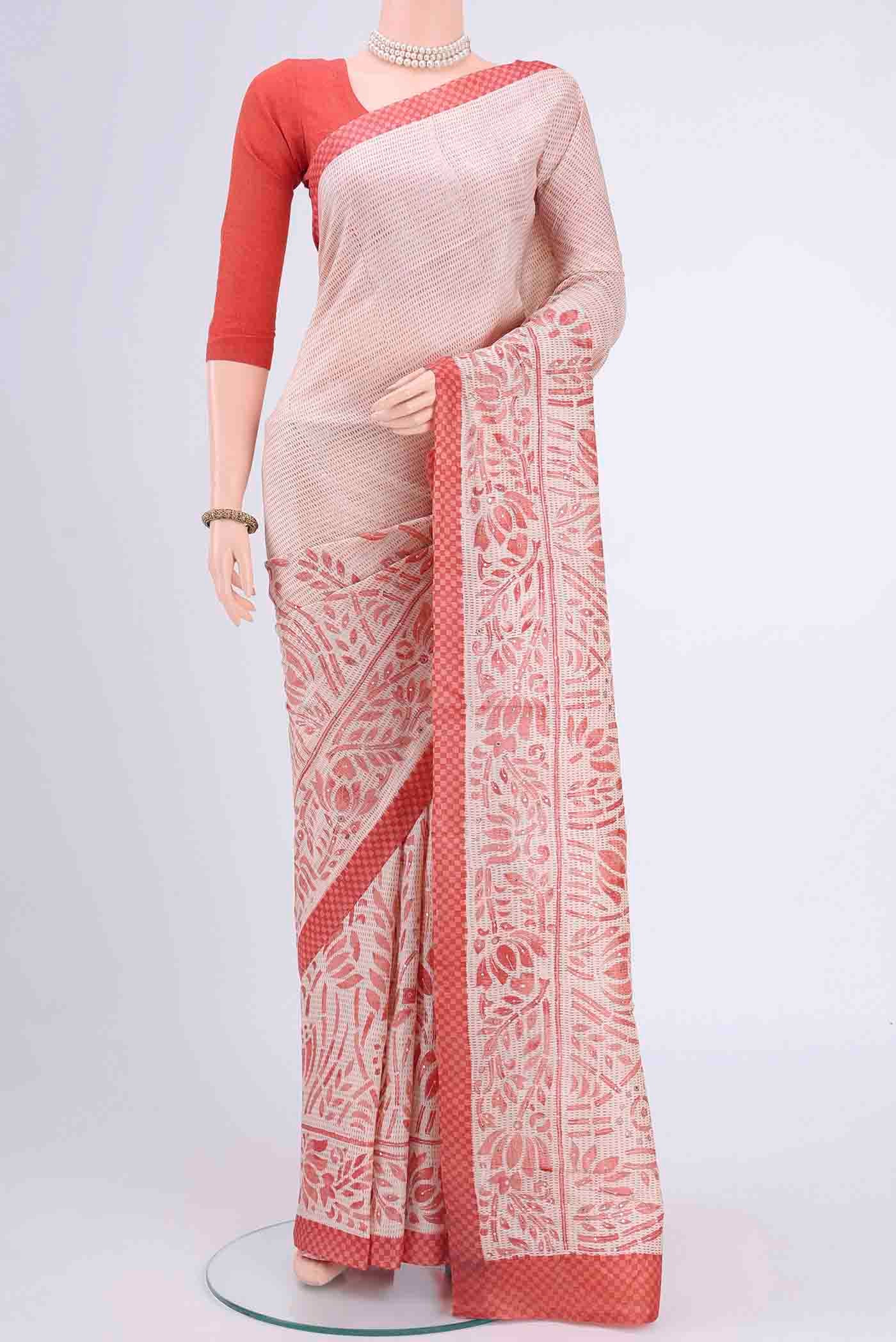 Off White Printed Silk Saree
