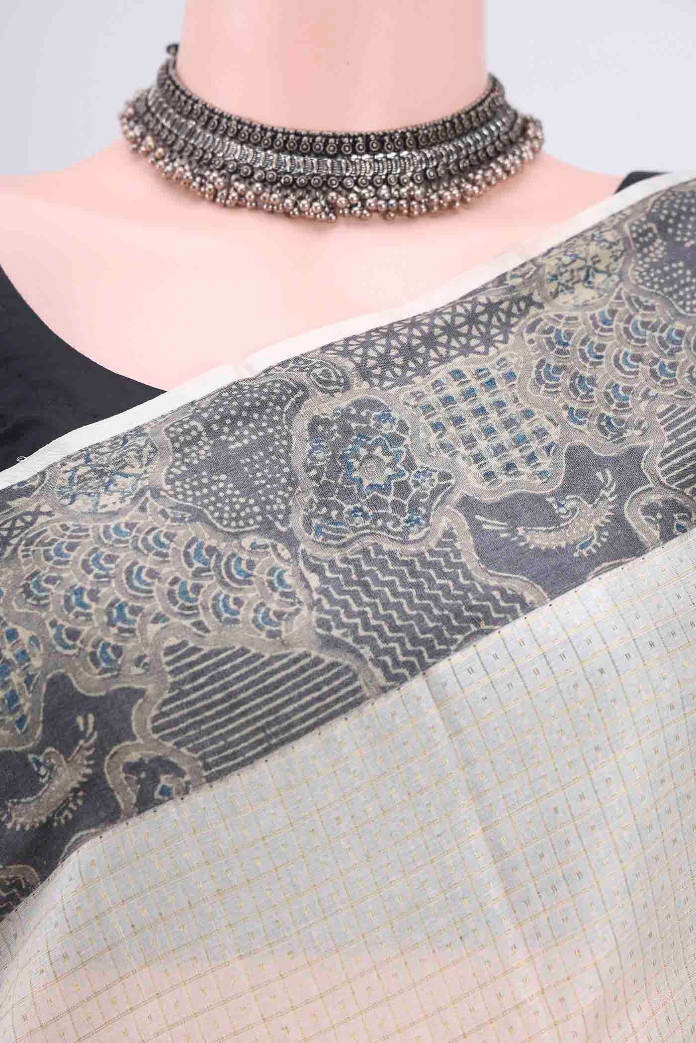 Off White Tussar Silk Saree - Image 2