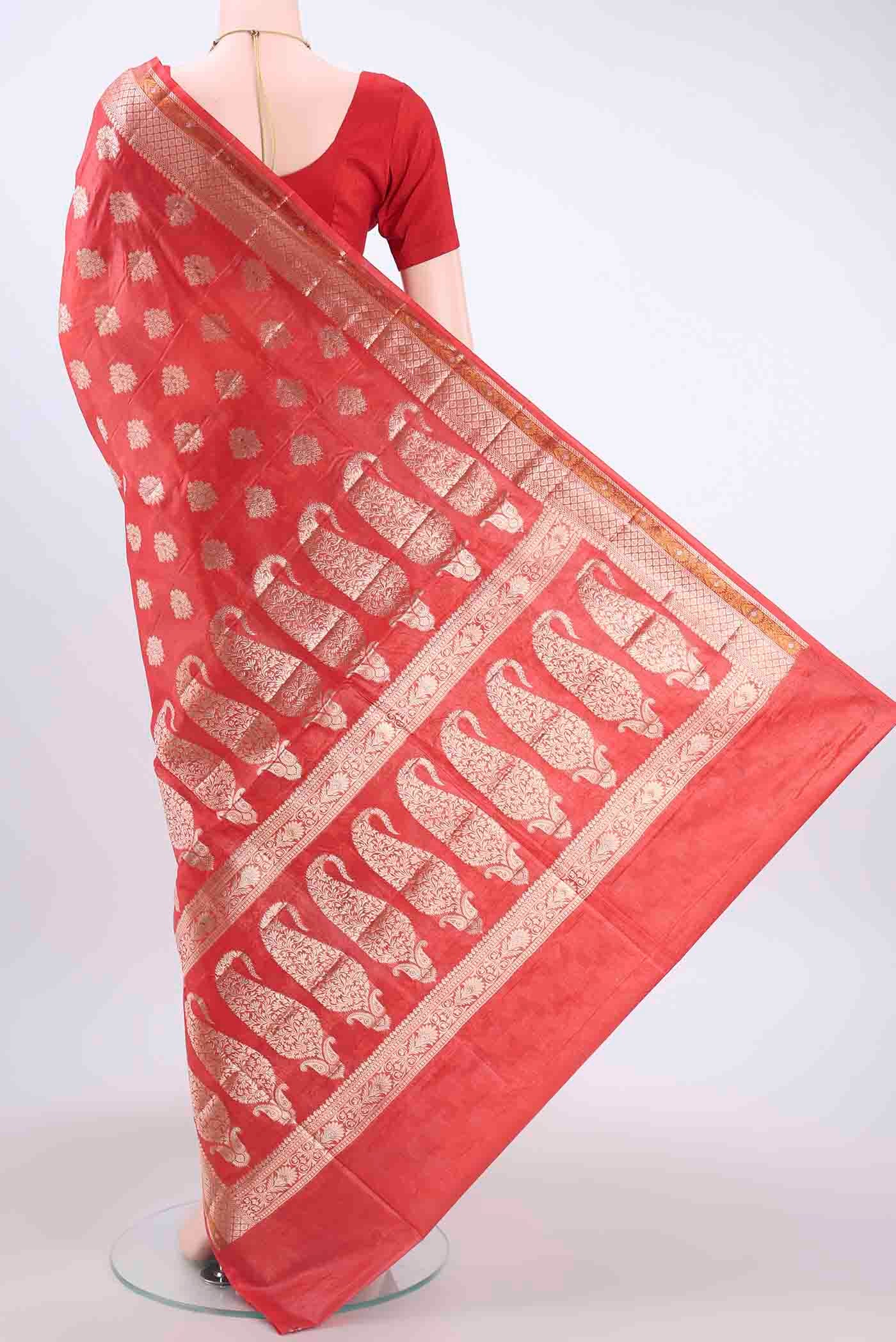 Red Banarasi Tussar Silk Saree - Image 3
