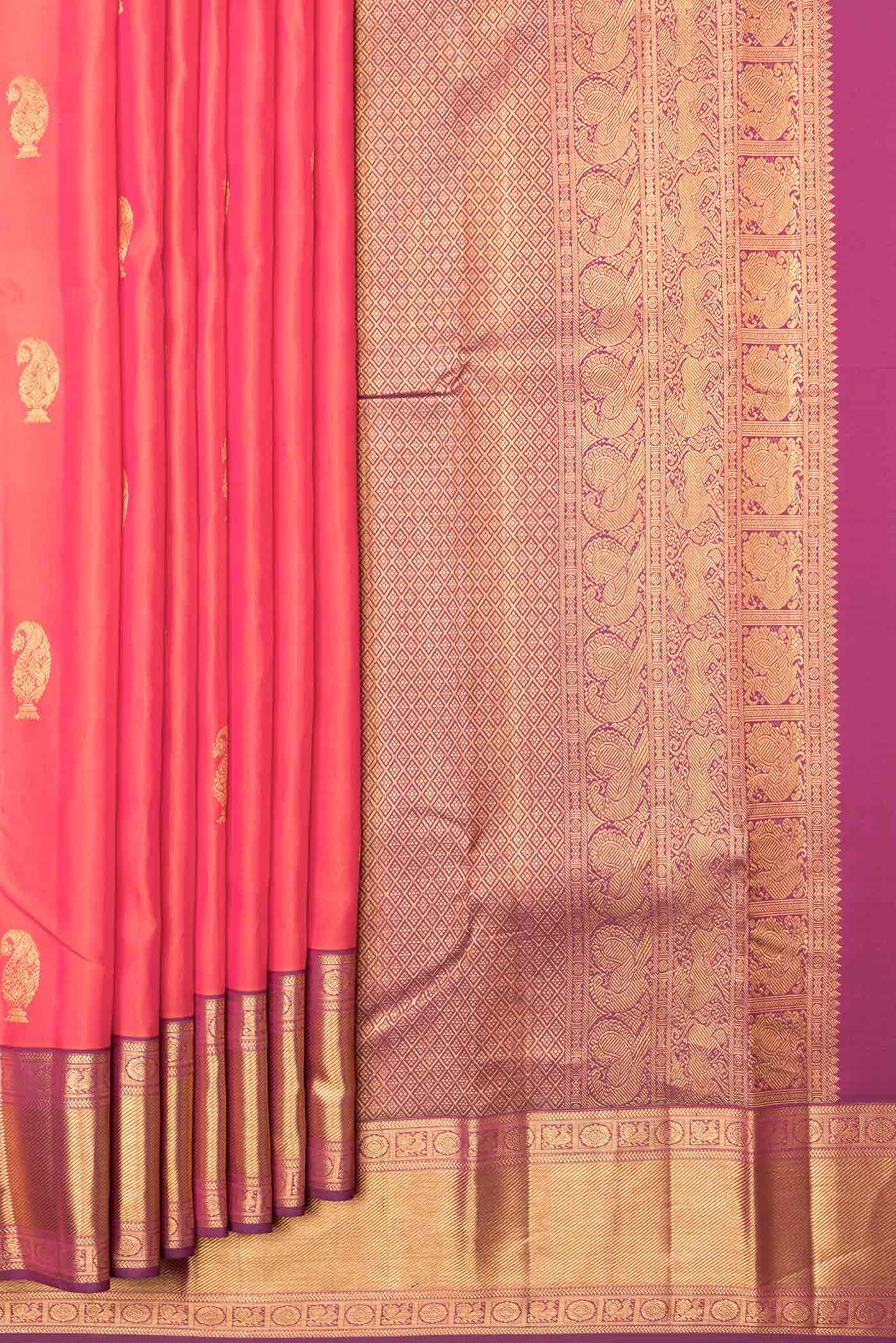 Orange with Pink Color Kanchipuram Saree - Image 4
