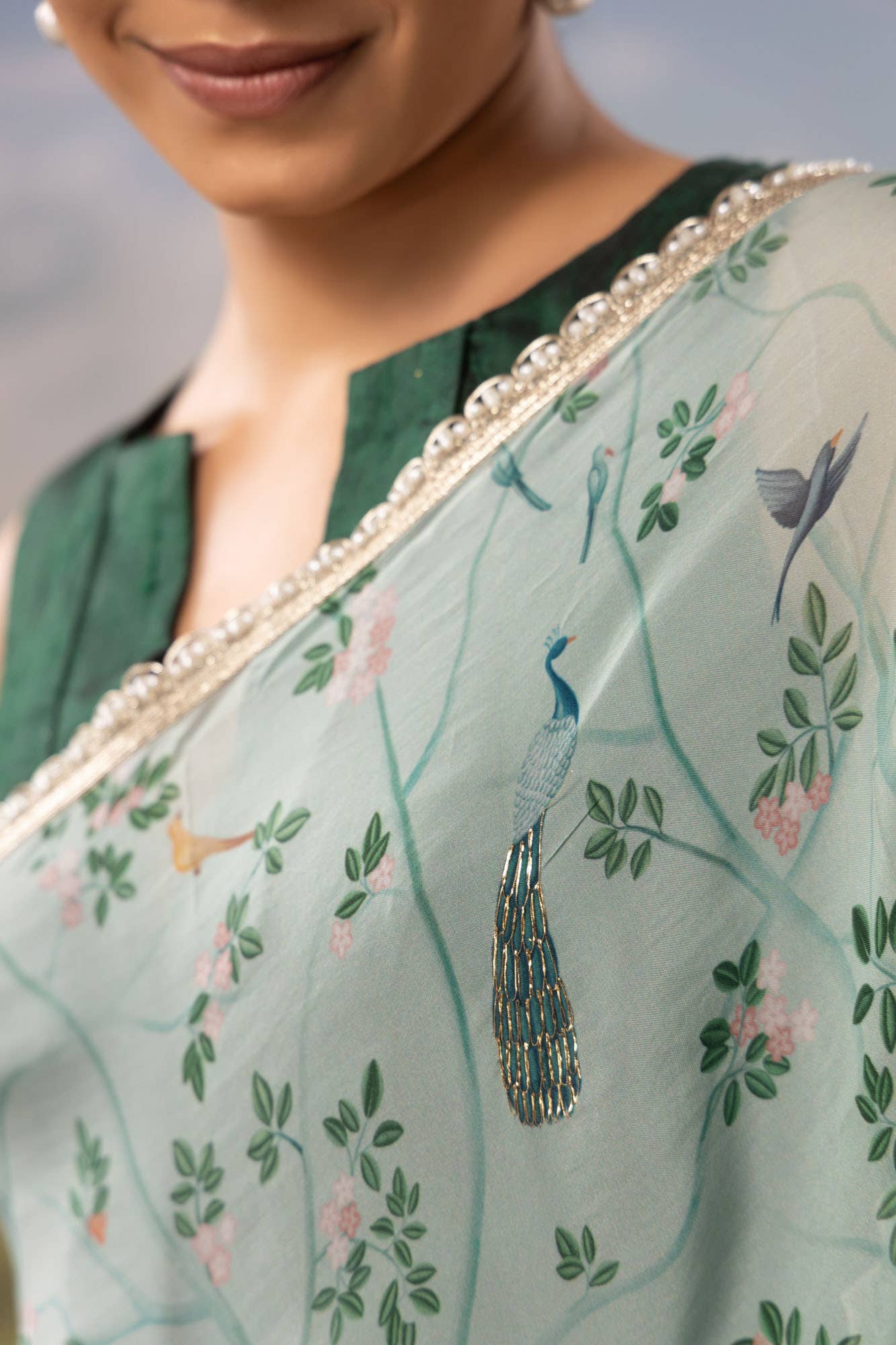Oriental Gardens-Sea Green Organza Silk Saree - Image 2