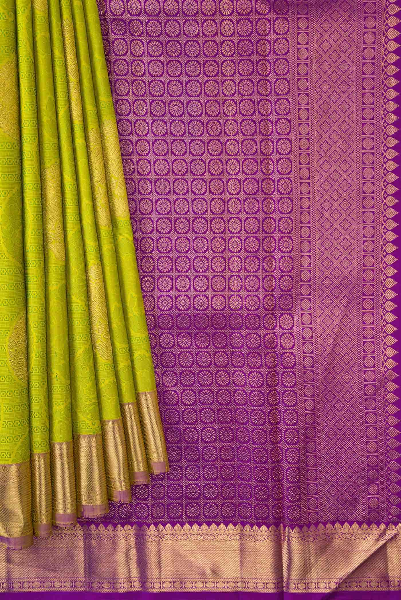 Pure Silk Pure Zari Parrot Green Dual Tone Kanjivaram Saree - Image 2
