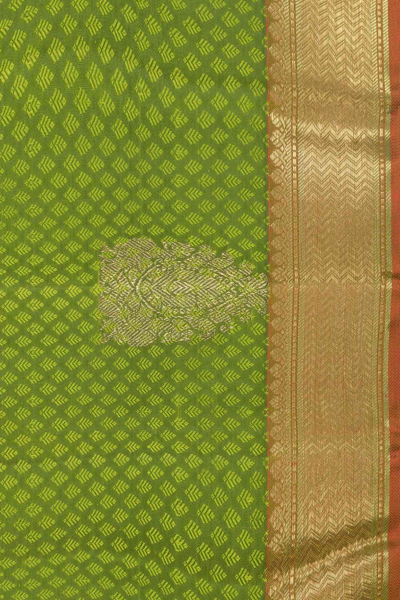 Pure Silk Pure Zari Parrot Green Dual Tone Kanjivaram Saree - Image 6